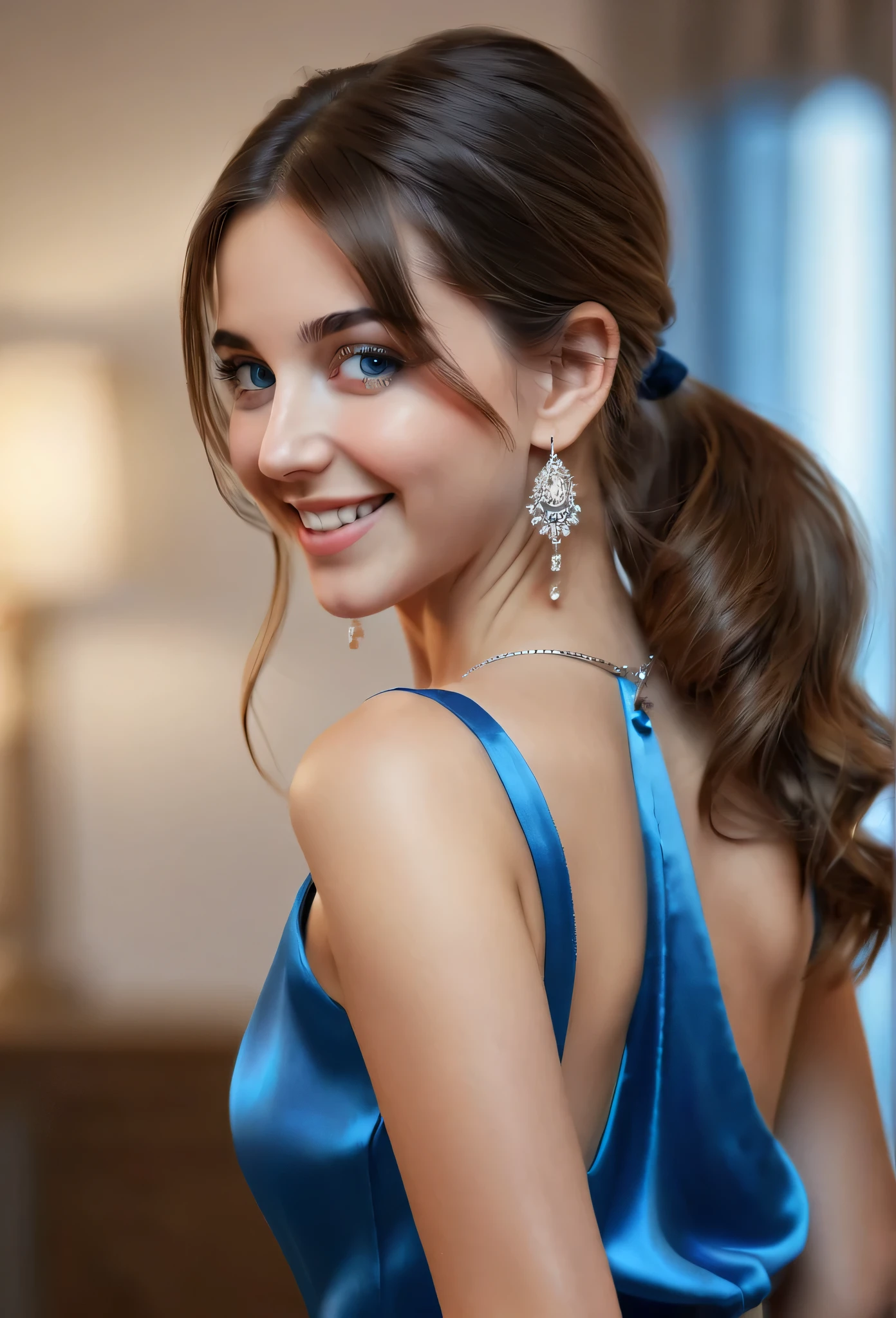 a beautiful young Spanish woman with long brunette hair, ponytail, wearing a shiny blue satin sheath dress with spaghettistraps, necklace, look over the shoulder back into the camera, Wait for it, to be kissed, happy smiling facial expression, perfect blue eyes, extremely detailed skin, Trained body, 5 fingers, (best quality,4K,8k,highres,​masterpiece:1.2),Ultra-detail,(realisti,photorealisti,photo-realisti:1.37),HDR,uhd,studio lighting,artistic photography,keen focus,Physically Based Rendering,extremely detailed description,Specialist,Vivid colors,bokeh,Portrait Bust,analog style