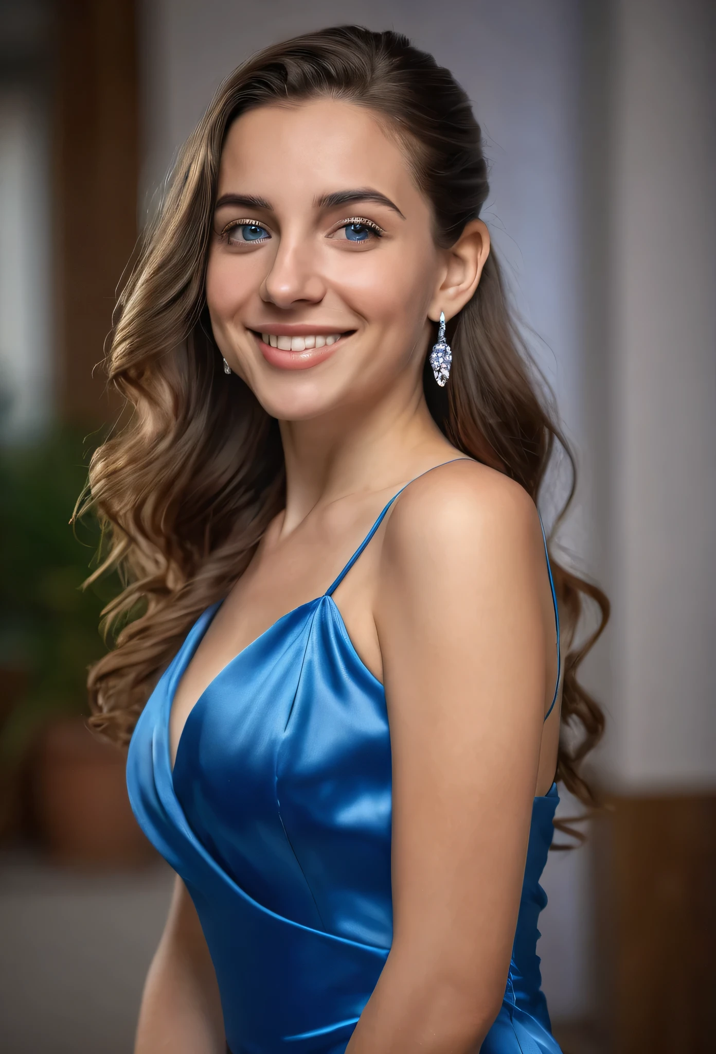 a beautiful young Spanish woman with long brunette hair, ponytail, wearing a shiny blue satin sheath dress with spaghettistraps, necklace, look into the camera, Wait for it, to be kissed, happy smiling facial expression, perfect blue eyes, extremely detailed skin, Trained body, 5 fingers, (best quality,4K,8k,highres,​masterpiece:1.2),Ultra-detail,(realisti,photorealisti,photo-realisti:1.37),HDR,uhd,studio lighting,artistic photography,keen focus,Physically Based Rendering,extremely detailed description,Specialist,Vivid colors,bokeh,Portrait Bust,analog style