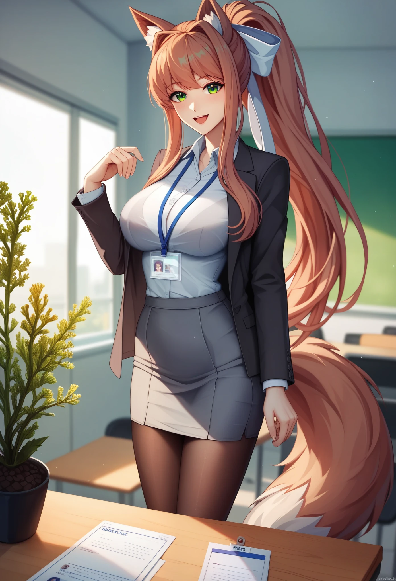 extremely detailed CG unity 8k wallpaper, masterpiece, best quality:1.2, highres, coral brown hair, emerald green eyes, extreme detail,solo,1girl,monika doki doki literature club, id card lanyard, standing_fox_ears, fluffy_fox_tail, business outfit, black jacket, gray tight skirt, sexy lying on a desk, transparent shirt, black pantyhose, good hands, good anatomy, good fingers, happy face expression, photo, office in the background.