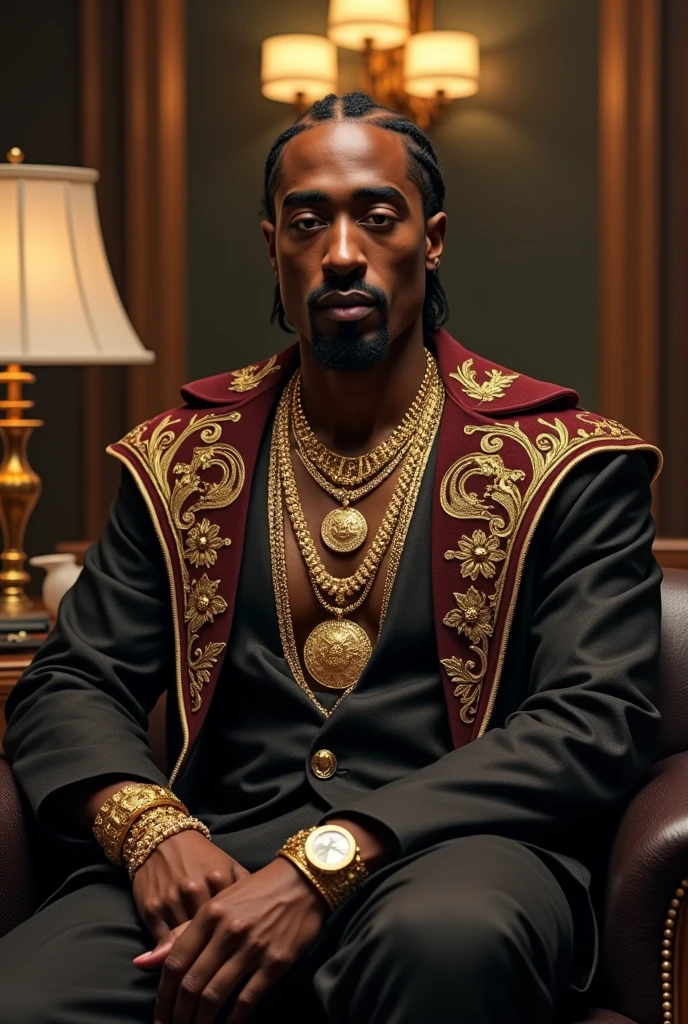 a professional photo of Snoop Dogg sitting in an armchair, wearing a suit, looking at the camera, focusing on his face, realistic, dsrl, canon, sony, ultra detailed, ultra realistic, unreal engine, UHD image - raw style --auto --s2