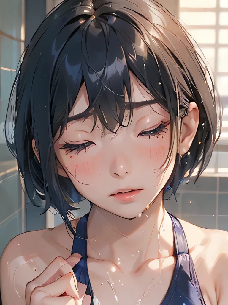 sfw,Japanese woman, beautiful girl, gal,(((Dark shower room))),(((competitive swimsuit))),(((front、face close up shot))),Beautiful Eyes、short bob,baby face, highest quality realistic skin, eyes in focus, 20 years old,((orgasm,Sad expression、Open your mouth、Close ~ eyes)),(((hand on ear))),((My whole body is wet)),(((Accurate fingering)))、((blush、Heavy breathing)),