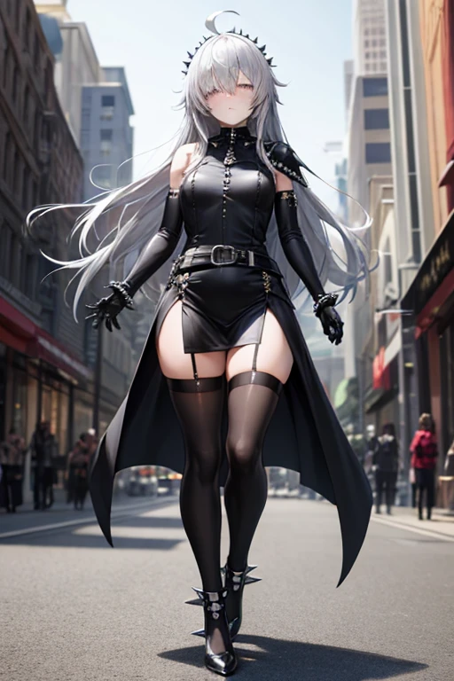 ((best quality)), ((masterpiece)), (detailed), 1 girl, Full body, 18 years old, Depressed face, Silver eyes, One eye, Outstretched arms, Covered eyes, Silver hair, Long hair, Spiky hair, Bangs, Strand of hair covering her eye, Full body, Tall, Athletic, Small breasts, Slim, Gray zippered hood, Metal spikes, Gray wristbands, Long black spiked gloves, Gray gothic outfit, Gothic, Gray dress with metal spikes, Metal emblem, Tight fit, Black belt, Black stockings, Black boots, Walking through the city, Metal spikes coming out of the highway, City background, Gray clothes, Superhero, Anime, Plush rabbit in her arms