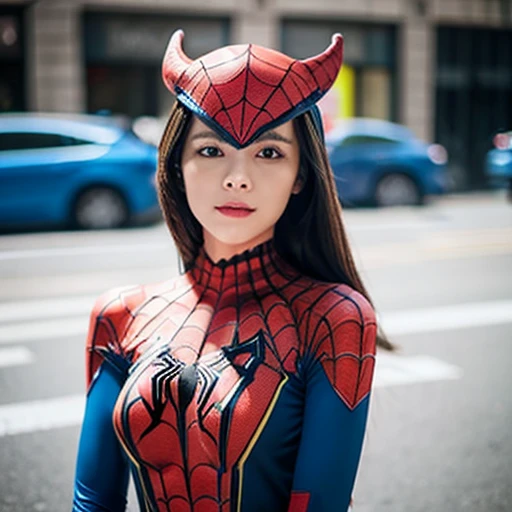 Beautiful woman detailed defined body using spider man cosplay, small breasts