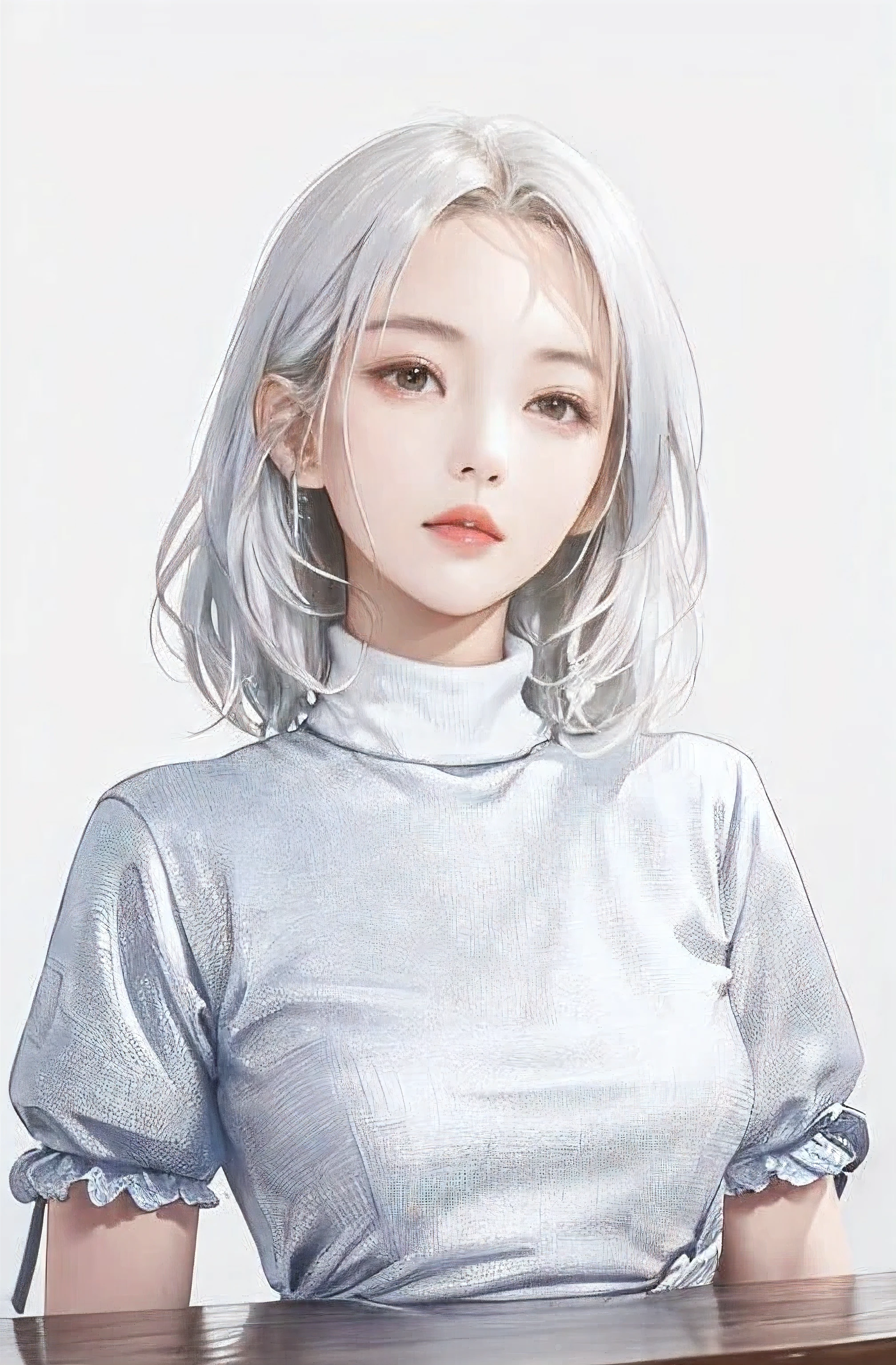 Best AI Image Generator Creator、1 beautiful girl、Big round eyes、Solitary、Practical,Lips,On the table,best quality,Good anatomy,Texture、White background、Small breasts、Beautiful fantasy queen、Silver turtleneck dress、Gold decoration、White hair、Langheier、Look up、Optics、about、White tint