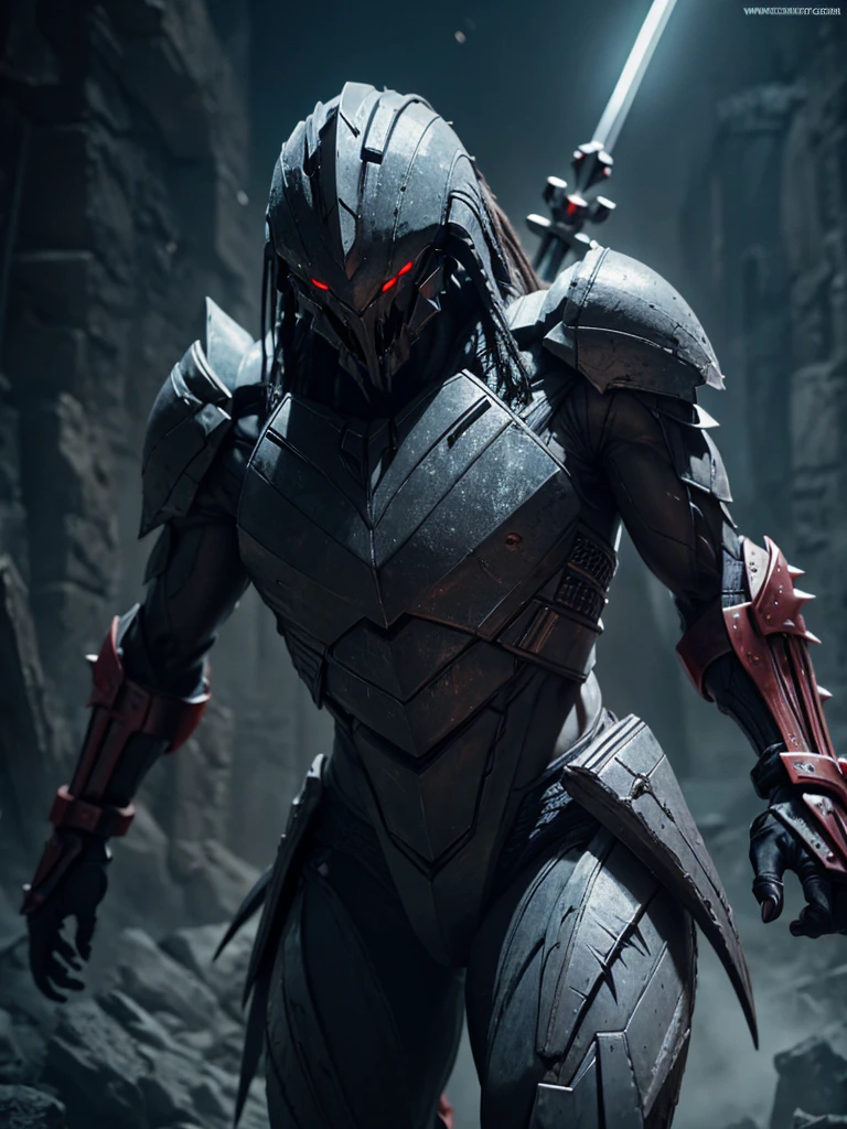 1 predator Humanoid with claws and sharp teeth, futuristic armor and a spear with a skull on the tip, Very detailed, Cinematic lighting, 