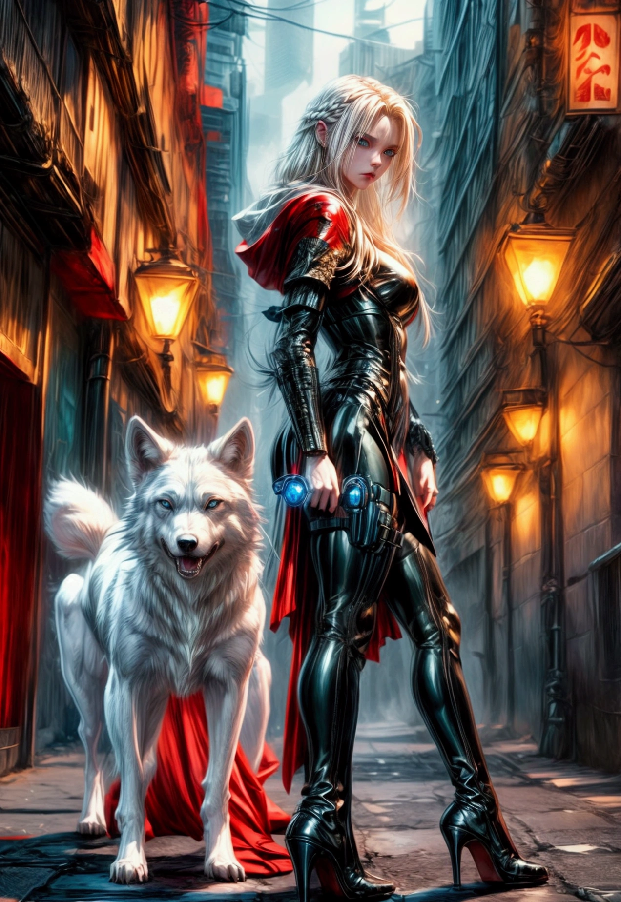 fantasy art, RPG art, ultra wide shot, RAW, photorealistic, a picture of female human ranger and her (white: 1.4) wolf pet, the ranger, an exquisite beautiful human woman, long blond hair, braided hair, green eyes, wearing leather dress, wearing (red cloak: 1.1), wearing high heeled boots, standing in a cyberpunk street at night, an epic ((white)) wolf stands near her, glowing blue eyes, protecting her, cyberpunk street background, best quality, 16k, [ultra detailed], masterpiece, best quality, (ultra detailed), full body, ultra wide shot, photorealism