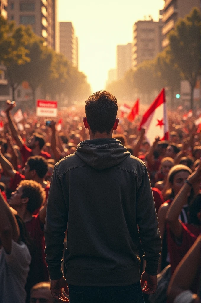 A young man with the hood of his hoodie with a zip and a white T shirt holding a banner in a revolution. Wearing a ray bin Glasses
