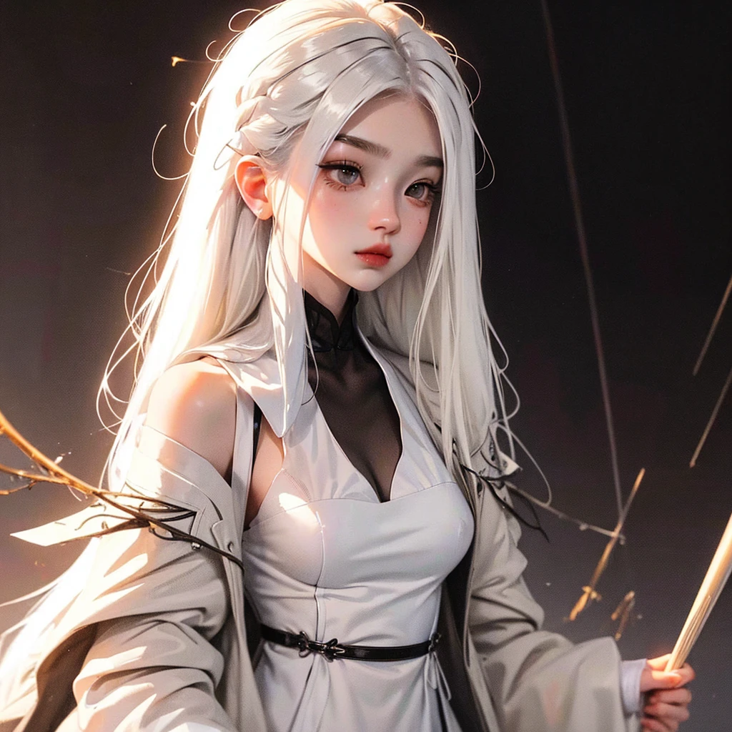 Create a detailed and mystical image of San, the protagonist from Princess Mononoke, riding a large, white wolf through a dense, ancient forest. The scene should capture the magical and ethereal atmosphere of the forest, with tall, moss-covered trees, and shafts of light filtering through the thick canopy. San should be depicted in her iconic attire: a white fur cloak, tribal markings on her face, and a determined, fierce expression. The white wolf should appear powerful and majestic, with a calm but alert demeanor. The overall mood should convey a deep connection between San, the wolf, and the natural world around them, evoking the spirit of the forest