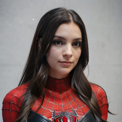 a woman, 25ear old, long brunette hairs, 8K, UHD, flash lighting, professional lighting, textured skin, romantic smile, sexy, cleavage, spiderman cosplay, at night, flower wall, bushes