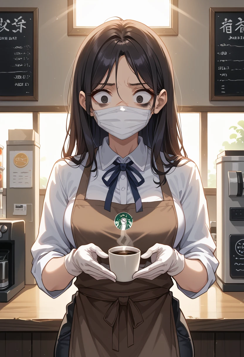 (masterpiece), best quality, 1 girl, solo, lonely girl, mature woman, Pretty Face, medium breasts, upper body, black eyes, black hair, long hair, messy haircuts, mouth mask, white Long-sleeved shirt, neck ribbon tie, Brown Apron coffee shop, white format gloves, black trousers, Expressionless, constricted pupils, traumatized, she is looking down. highres, highest quallity, illustration, cinematic light, dramatic shading, morning days, good lighting, volumetric lighting, backlighting, light rays, scared pose, perfect dynamic composition, foreshortening, the background in school shed,