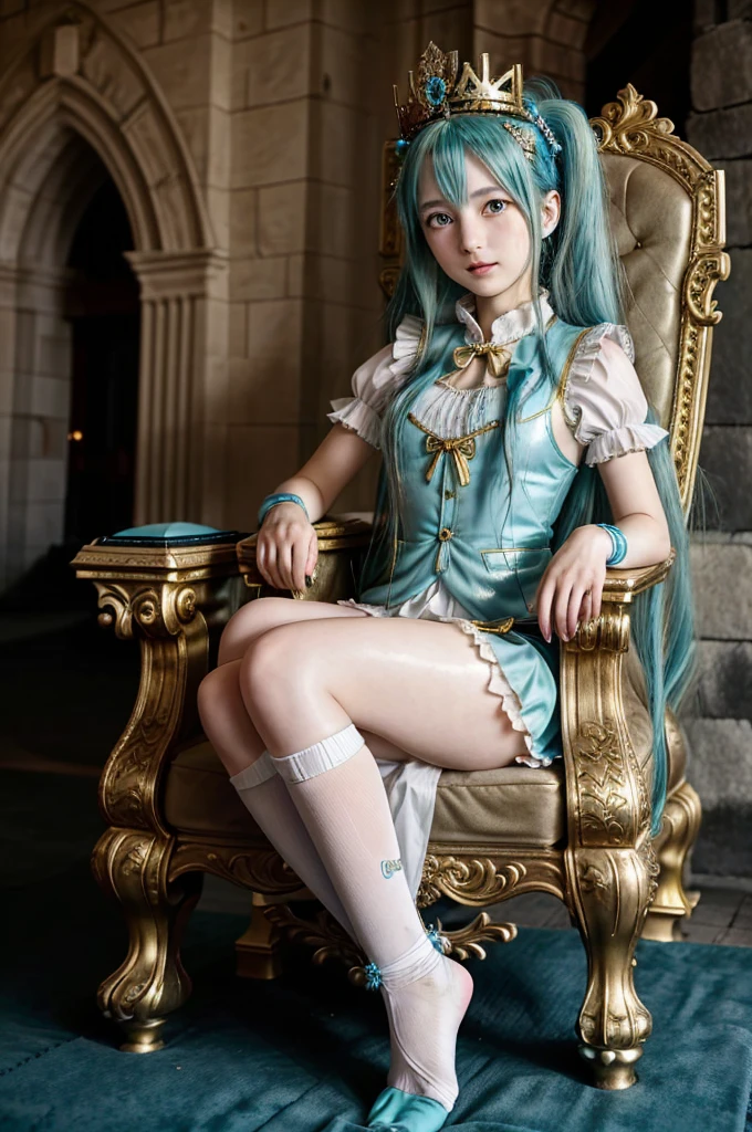 1girl, Hatsune Miku, princess outfit, crown, gold, ((throne)), in a castle, Middle Ages, wearing a blue vest, one foot on the ground, the other foot calf turned outward, one hand holding the microphone, the other hand across the eyes Biye, white background