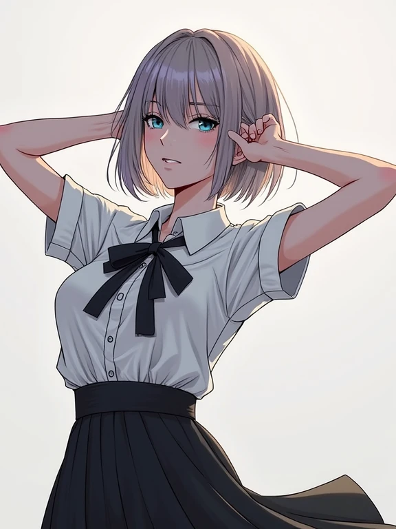 Blind white haired school girl, high, School uniform (bag, button-up shirt, Skirt) with her shirt completely unbuttoned with her big breasted bra exposed