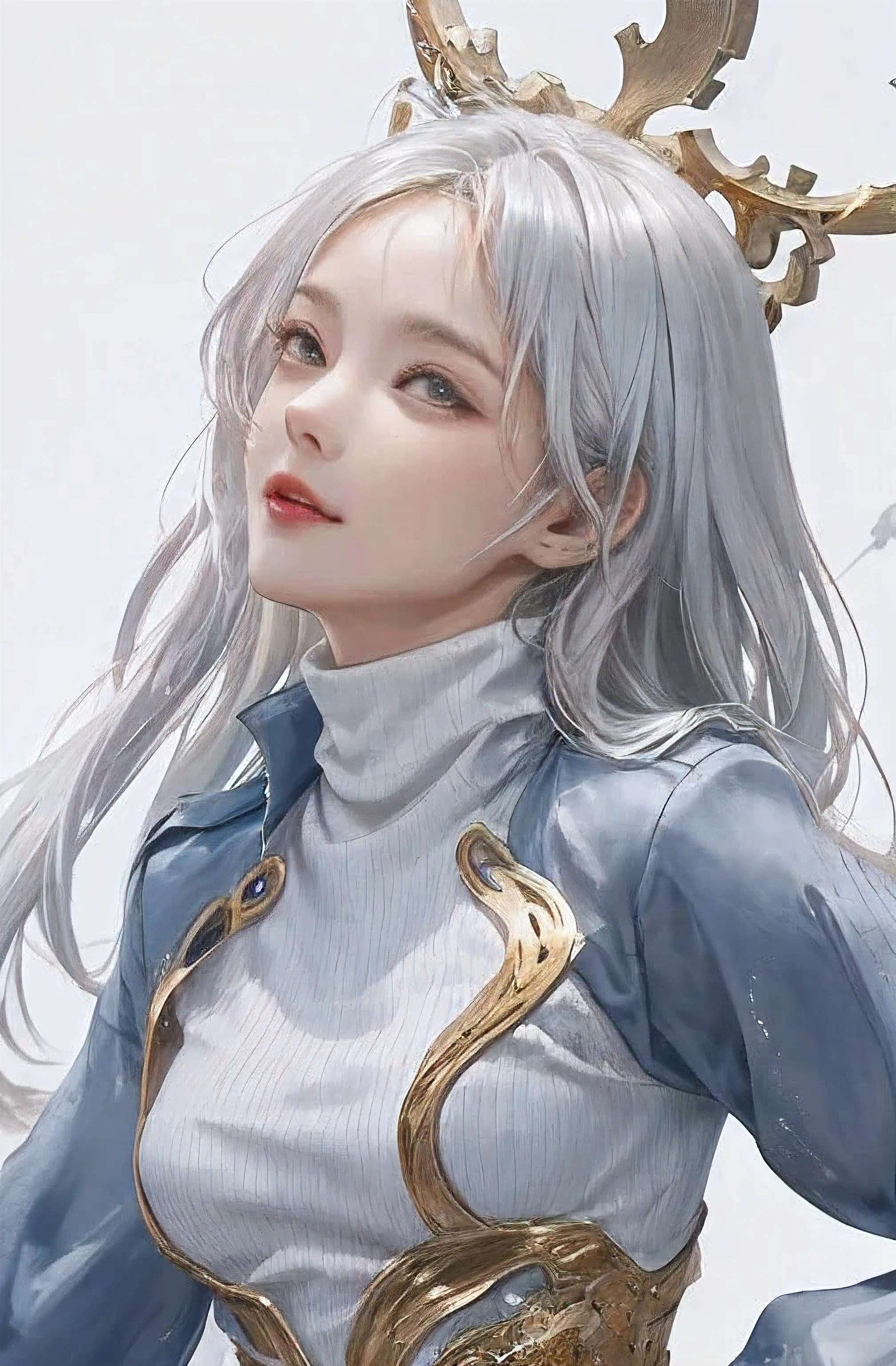 Ultra HD，Best AI Image Generator Creator、1 beautiful girl、Big round eyes、Solitary、Practical,Lips,On the table,best quality,Good anatomy，Texture、White background、Small breasts、Beautiful fantasy queen、Silver turtleneck dress、Gold decoration、White hair、Langheier、Look up、Optics、about、White tint