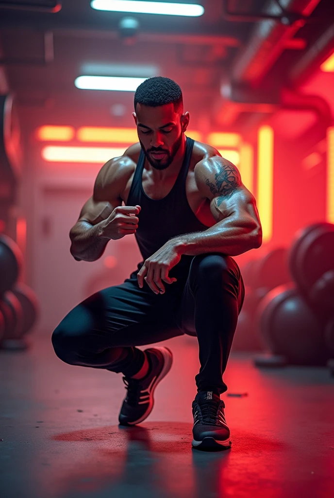 Not so muscular dark skinned man doing squats with a barbell 