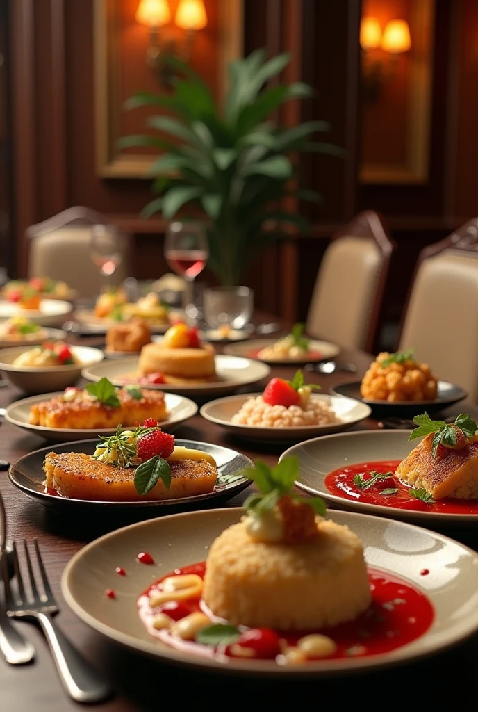 A festive New Year dinner party with a beautifully set table, champagne glasses, and a variety of delicious dishes