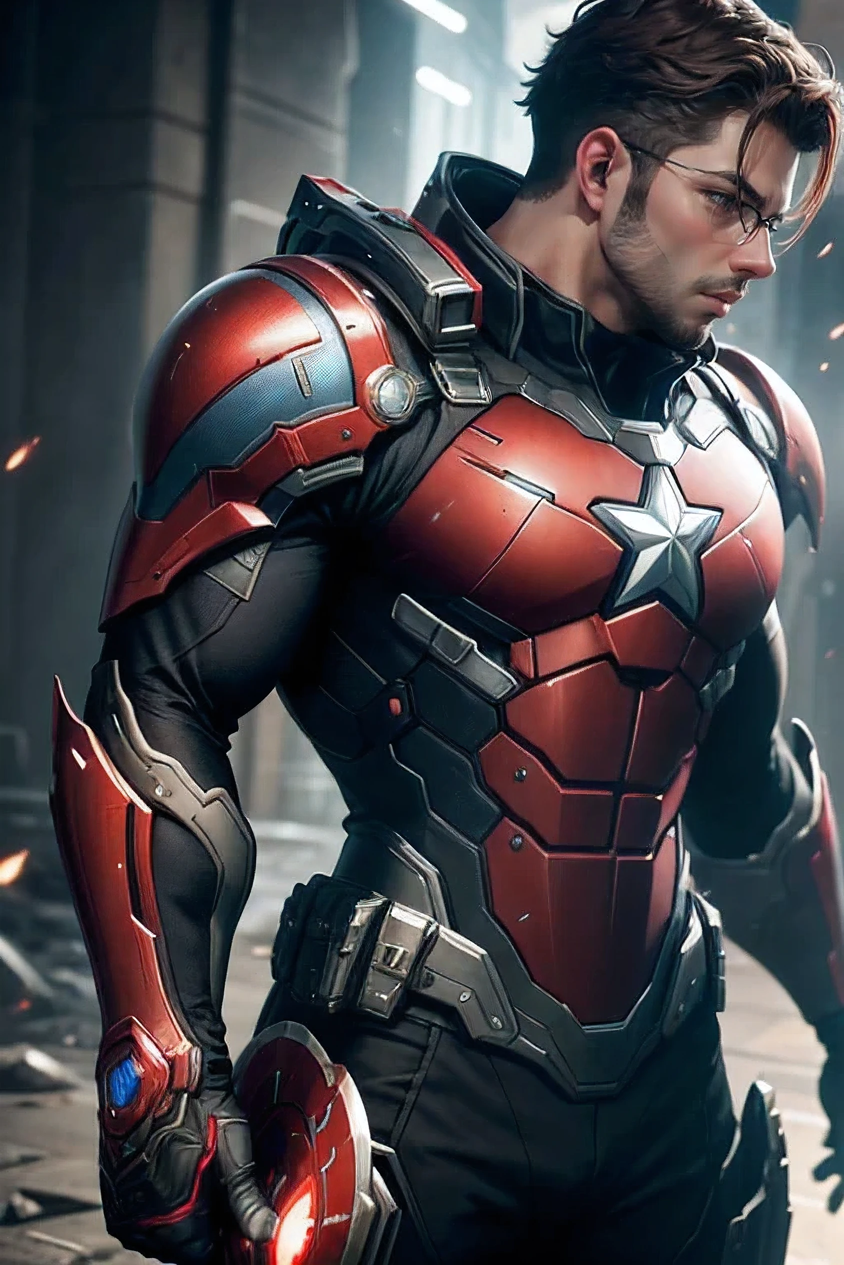 “High-tech anime Captain America suit, inspired by tactical blade armor from Warframe. The suit is red, white, and blue with a star emblem. The armor is intricately detailed, showcasing a strong and futuristic design, muscular and powerful. The character strikes a dramatic anime pose, simple and ready for action. The background is a blank bright dark, emphasizing the armored Warframe anime hero’s appearance. Half close-up, sharp detail, 4K, UHD.”