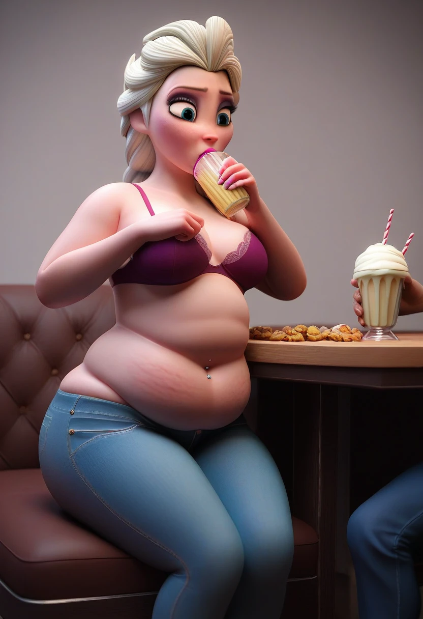 (( 3D, a slim and short Feeder Man,a Feeder Man pinching elsa's cheeks,A Man pinching and  touching Elsa's Belly )) , jeans_pull,Tall ,slim faced Surprised Elsa, fed by a man, gained weight,  elsa hands resting on belly,Sitting across table fed by a man with sweets, Drinking a Huge Gallon Bottled of MilkShake, literally gained a plump belly, Fat Rolls, pudge, jeans_pull under the hips, unprominent Vertical stretch marks,fullbodyimage,Raised Eyebrows, Plump body,navel piercing, poochbelly,sit on the couch,Pink Lipstick,jeans button popping,triangle body shaped,wearing a bra, slightly bending over front and looking back,3D