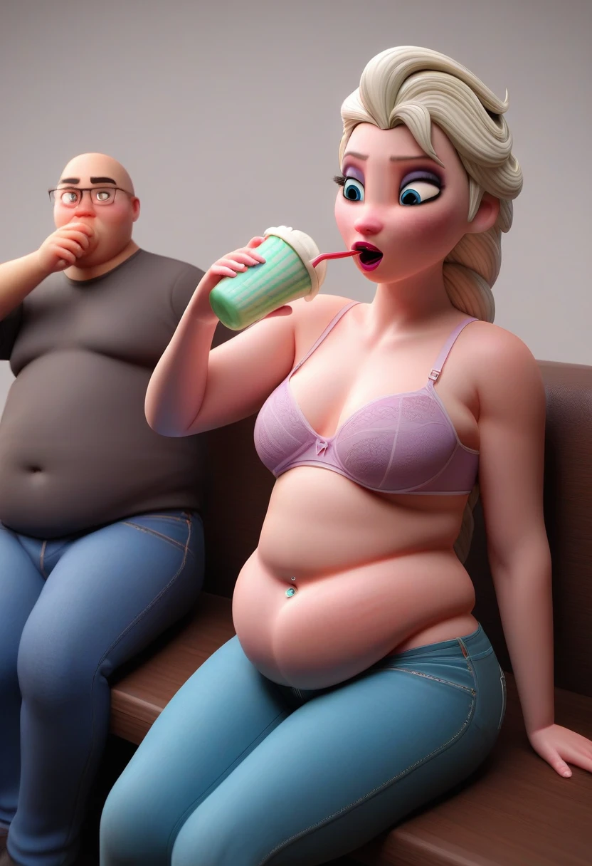 (( 3D, a slim and short Feeder Man,a Feeder Man pinching elsa's cheeks,A Man pinching and  touching Elsa's Belly )) , jeans_pull,Tall ,slim faced Surprised Elsa, fed by a man, gained weight,  elsa hands resting on belly,Sitting across table fed by a man with sweets, Drinking a Huge Gallon Bottled of MilkShake, literally gained a plump belly, Fat Rolls, pudge, jeans_pull under the hips, unprominent Vertical stretch marks,fullbodyimage,Raised Eyebrows, Plump body,navel piercing, poochbelly,sit on the couch,Pink Lipstick,jeans button popping,triangle body shaped,wearing a bra, slightly bending over front and looking back,3D