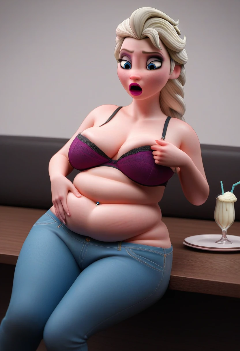 (( 3D, a slim and short Feeder Man,a Feeder Man pinching elsa's cheeks,A Man pinching and  touching Elsa's Belly )) , jeans_pull,Tall ,slim faced Surprised Elsa, fed by a man, gained weight,  elsa hands resting on belly,Sitting across table fed by a man with sweets, Drinking a Huge Gallon Bottled of MilkShake, literally gained a plump belly, Fat Rolls, pudge, jeans_pull under the hips, unprominent Vertical stretch marks,fullbodyimage,Raised Eyebrows, Plump body,navel piercing, poochbelly,sit on the couch,Pink Lipstick,jeans button popping,triangle body shaped,wearing a bra, slightly bending over front and looking back,3D