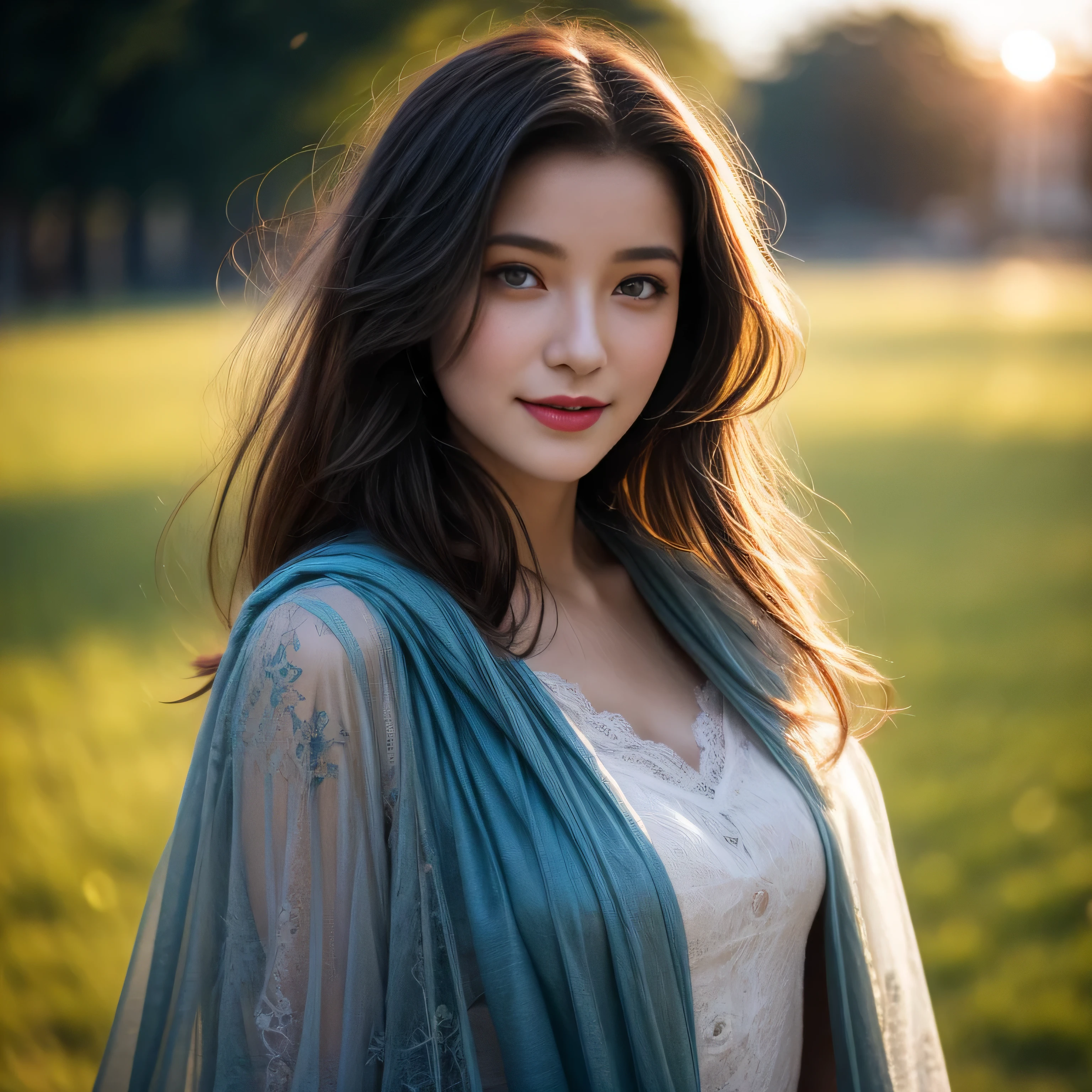 photorealistic, masterpiece, photorealistic, high resolution, soft light, hips up, blue eyes, fern hair, long hair, Intricate details EABA, lilac sheer cloaks, short hand-fan, Royal musician, lace bodysuit, fluffy hair, floating cloak in wind, sunrise, cheerful and respectful attitude, blend into background