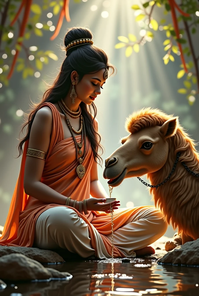 A woman should be sitting on a dog, wearing an Indian saree and the place behind should be as beautiful as heaven and