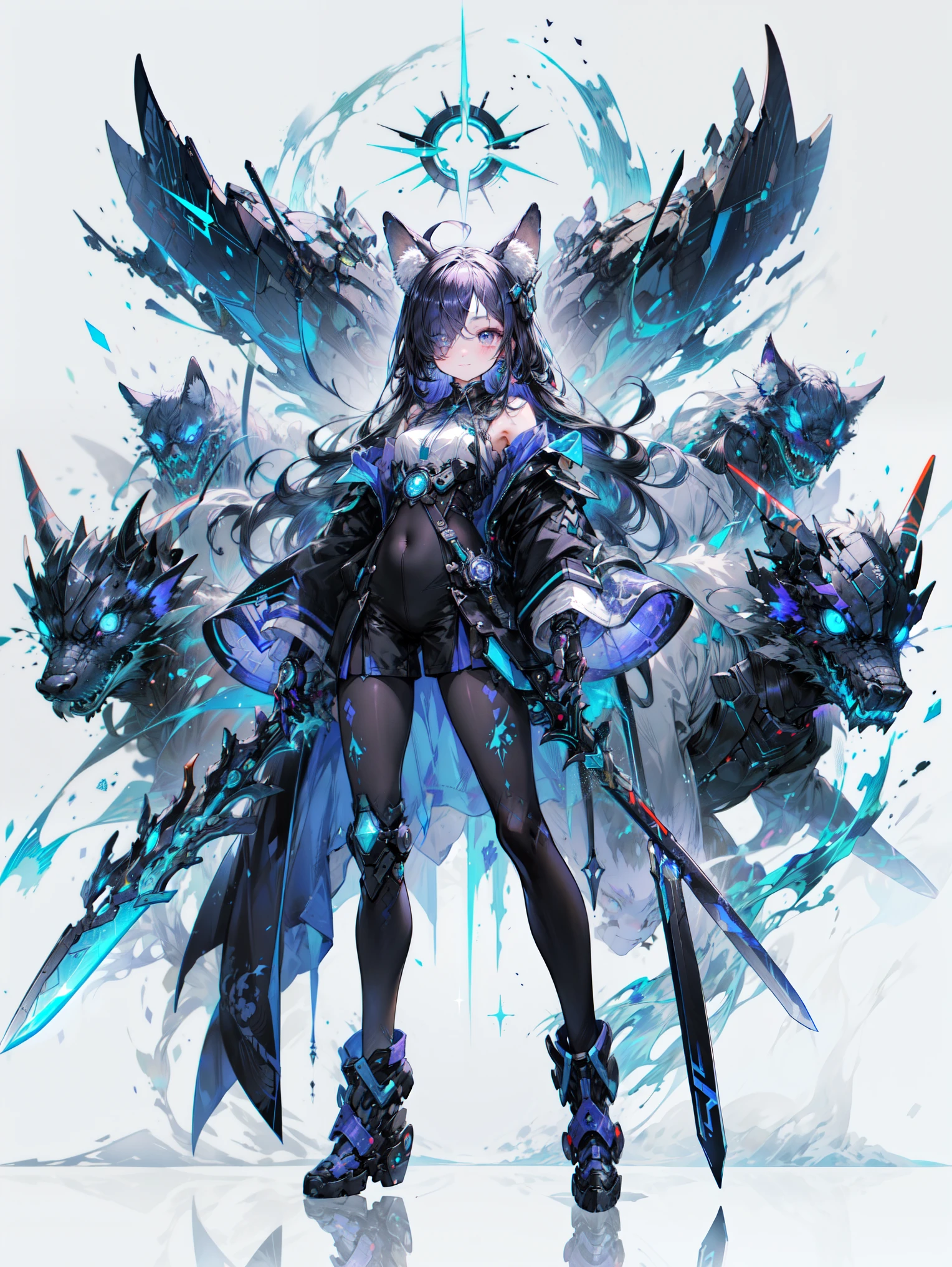 Engineering Drawings, Thin line pen drawing, dark, Futuristic silhouette of a black dragon cyborg girl, whole body, Long flowing coat, Wields a giant greatsword with a mechanical blade, Standing on a reflective surface against a minimalist light grey background、break、Shrine maiden), Perfect Face, A kind smile、Get used to it, Ahoge, ((Long Hair:1.2)), (Hair above one eye:1.3), [[Smooth Hair]], Black Hair, Purple eyes, Variegated eyes, Shining Eyes, (eyelash, eye shadow, ピンク eye shadow), Design Art：Haruhiko Mikimoto, by Kawashi, By Yoshitaka Amano,military uniform one piece
