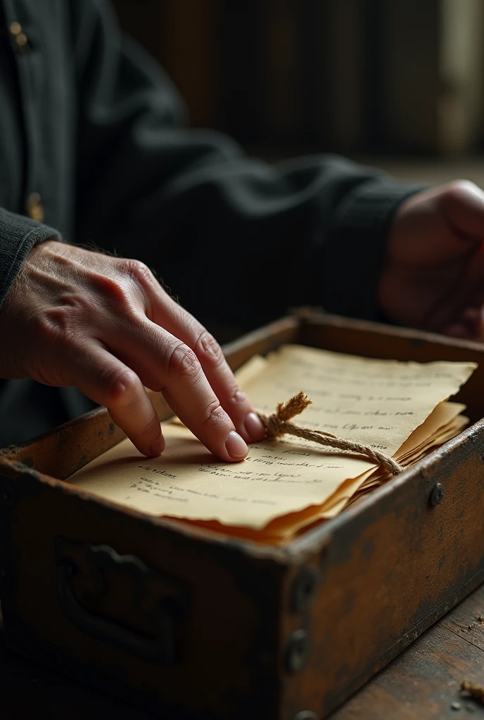 The letters inside the An old, dusty coffin partially buried in the tree’s roots. The coffin is opened, revealing musty air and old letters inside.
.e
