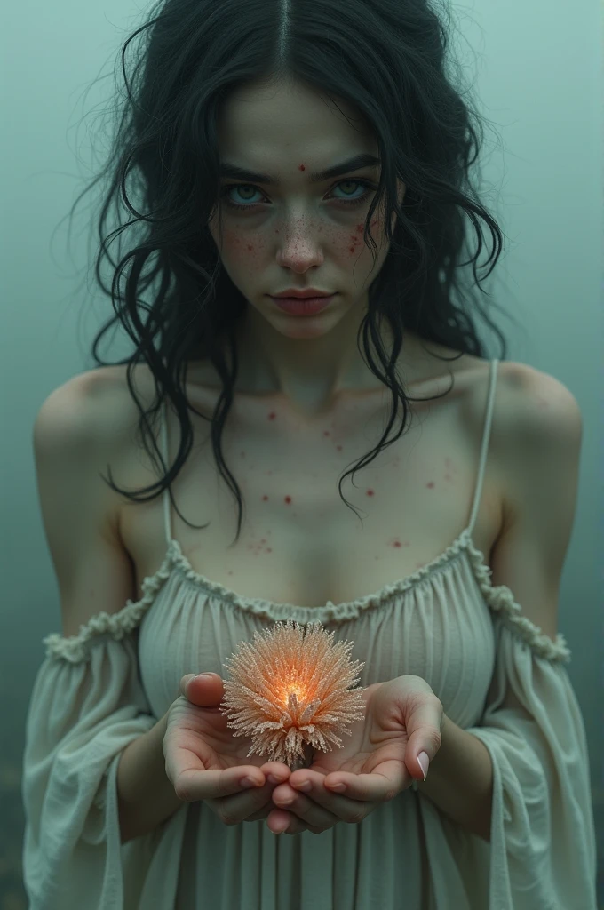 A woman with very pale skin and very black and red veins all over her body in a terrifying way., ghostly aspect. sapphire blue eyes and jet black hair. downcast expression while standing in front of a mirror and pregnant 