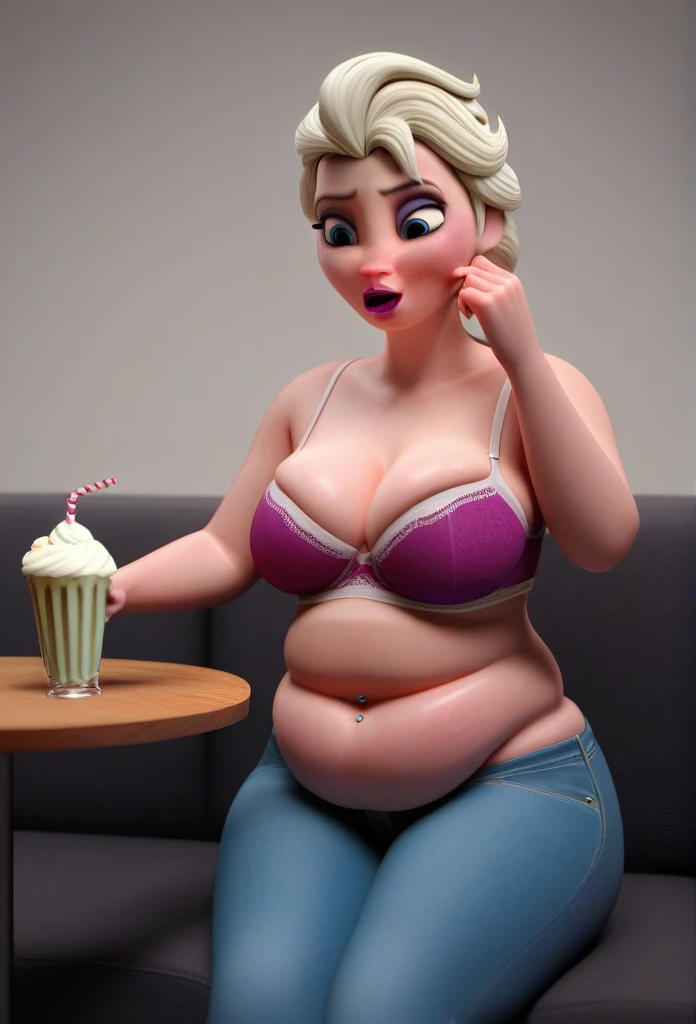 (( 3D, a slim and short Feeder Man,a Feeder Man pinching elsa's cheeks,A Man pinching and  touching Elsa's Belly )) , jeans_pull,Tall ,slim faced Surprised Elsa, fed by a man, gained weight,  elsa hands resting on belly,Sitting across table fed by a man with sweets, Drinking a Huge Gallon Bottled of MilkShake, literally gained a plump belly, Fat Rolls, pudge, jeans_pull under the hips, unprominent Vertical stretch marks,fullbodyimage,Raised Eyebrows, Plump body,navel piercing, poochbelly,sit on the couch,Pink Lipstick,jeans button popping,triangle body shaped,wearing a bra, slightly bending over front and looking back,3D