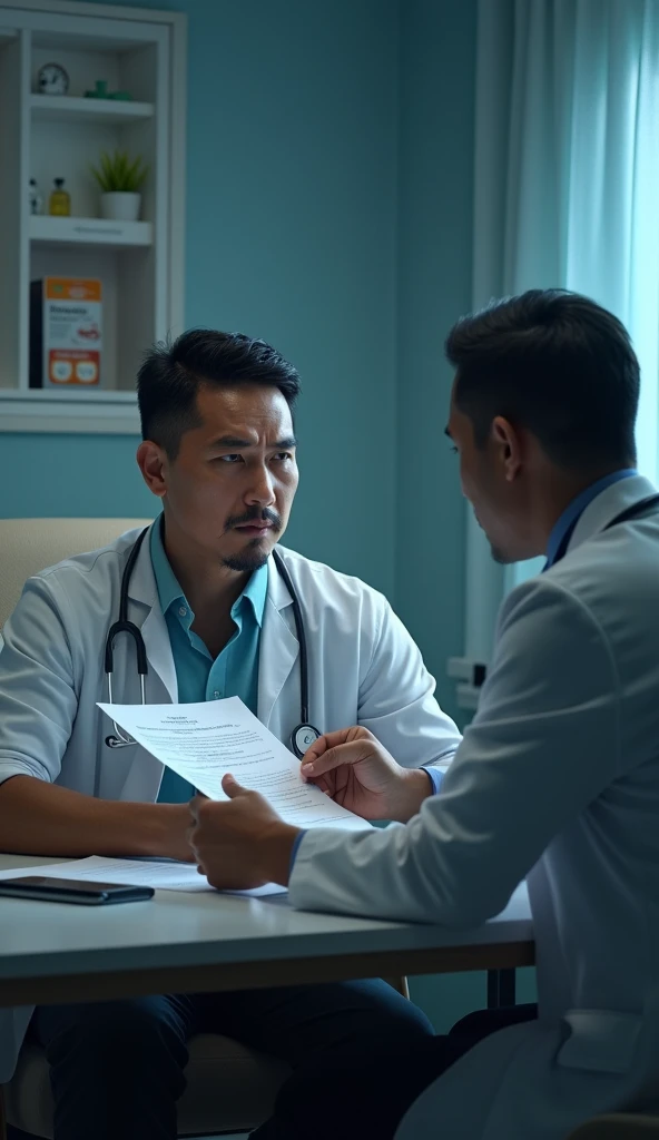 extreme close up photo of 35 years old indian girl in a hospital, doing handjob to big penis for (a muscular man lying on bed), with stethoscope, swooping breasts, deep cleavage, seductive look at man, blue and white nurse uniform, red glossy lips, ponytail, 4K, HD