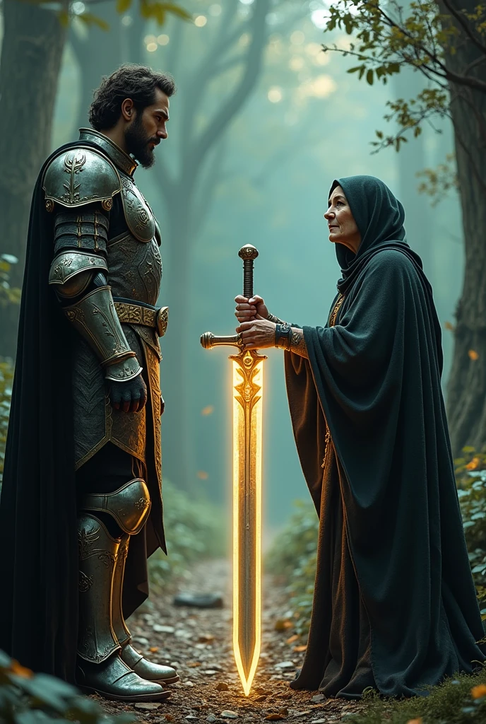 Le roi Elion en armure brillante se tenant devant une forêt enchantée, découvrant une vieille sorcière mystérieuse qui lui tend une épée magique."