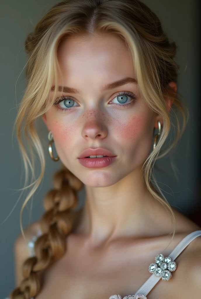 Ein Mädchen 18 Jahre alt lange blonde geflochtene Zöpfe sehr dünn tut naked Ballett, without clothes,flat-chested,small breasts,Make-up smeared,Makeup run,perfect lips, schwarzerLippenstift, braces, freckles,big eyes,blue eyes,sweating, sweats heavily,Wet,Very detailed, best quality, extremely detailed face, perfect lightning, Ballet studio, backdrop, sexly, erotic, unique, 4K, ​masterpiece, naked