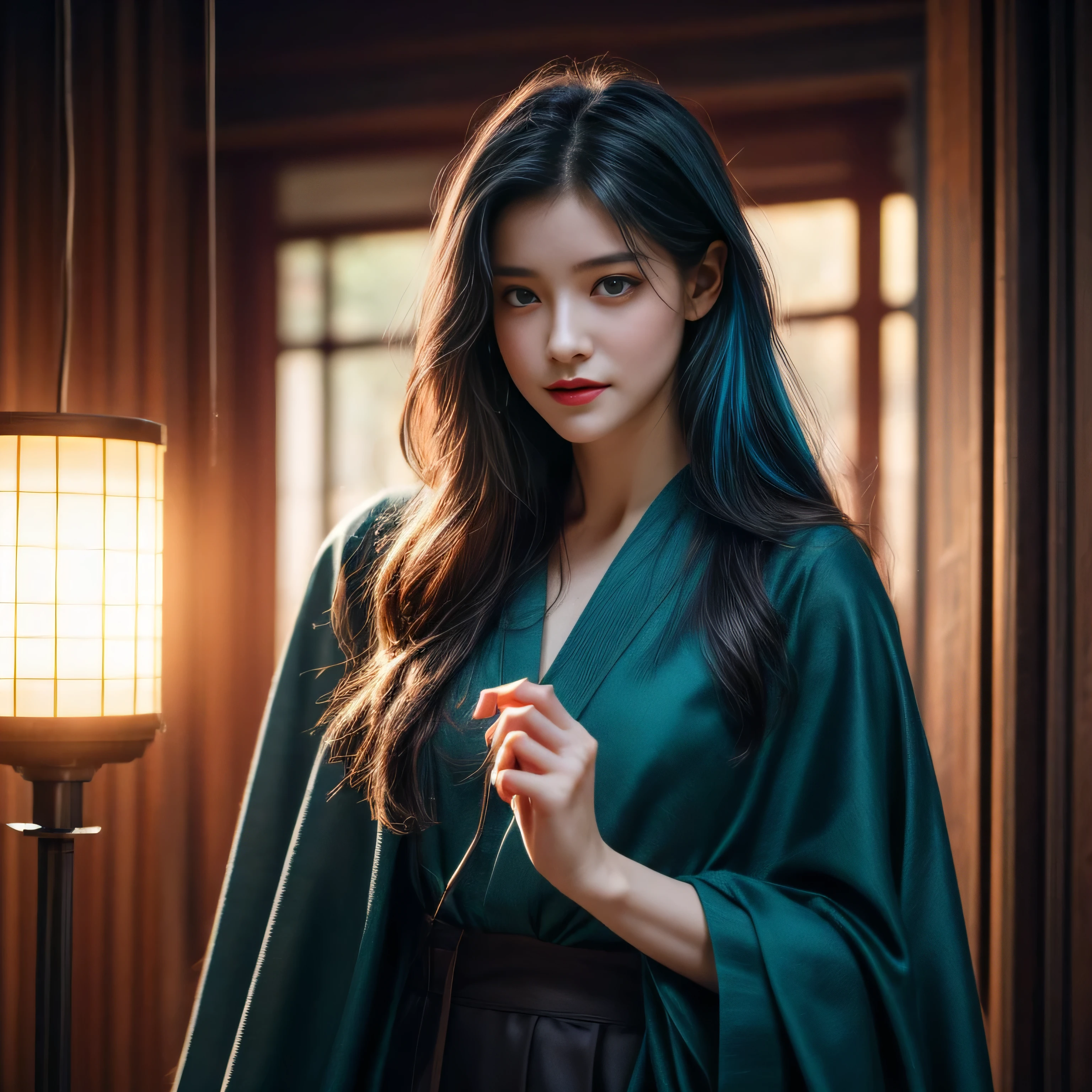 photorealistic, masterpiece, photorealistic, high resolution, soft light, hips up, blue eyes, teal hair, long hair, Intricate details EABA, floral cloaks, short hand-fan, Royal Poet, Hanfu, dandy, floating cloak in wind, a warm room full of light on birthday night, my birthday party, cheerful and respectful attitude
