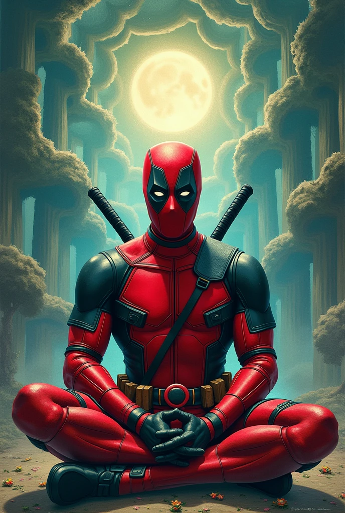 deadpool meditating in monk outfit