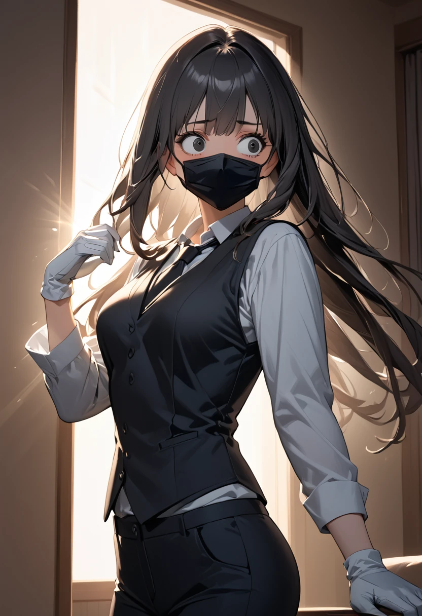 (masterpiece), best quality, 1 girl, solo, lonely girl, mature woman, Pretty Face, medium breasts, upper body, black eyes, black hair, long hair, messy haircuts, mouth mask, format suit (white Long-sleeved shirt, format tie, black sweater vest, white format gloves, black trousers), Expressionless, constricted pupils, traumatized, she is looking down. highres, highest quallity, illustration, cinematic light, dramatic shading, morning days, good lighting, volumetric lighting, backlighting, light rays, scared pose, perfect dynamic composition, foreshortening, the background in hotel room,