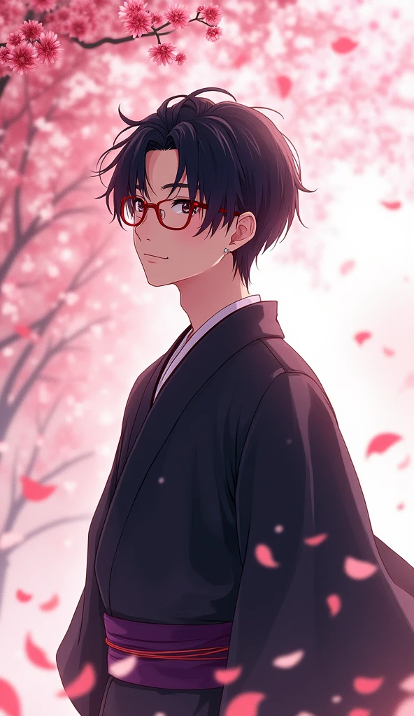absurdres, highres, ultra detailed, HDR, masterpiece, Diamond no ace, Miyuki Kazuya, brown messy hair windswept, hair between the eyes, expressive brown eyes, glasses with black frames, bare chest, black cape, black clothes, 1man, handsome, designed decoration such as red leaves, birds and blossoms, petals, garden