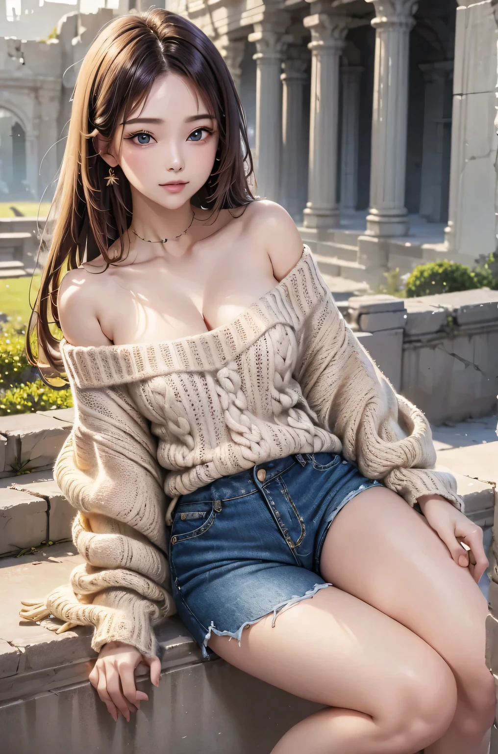 masterpiece, highquality. 1girl, off shoulder knit sweater, short pants, background:ruins, Name:SARA
