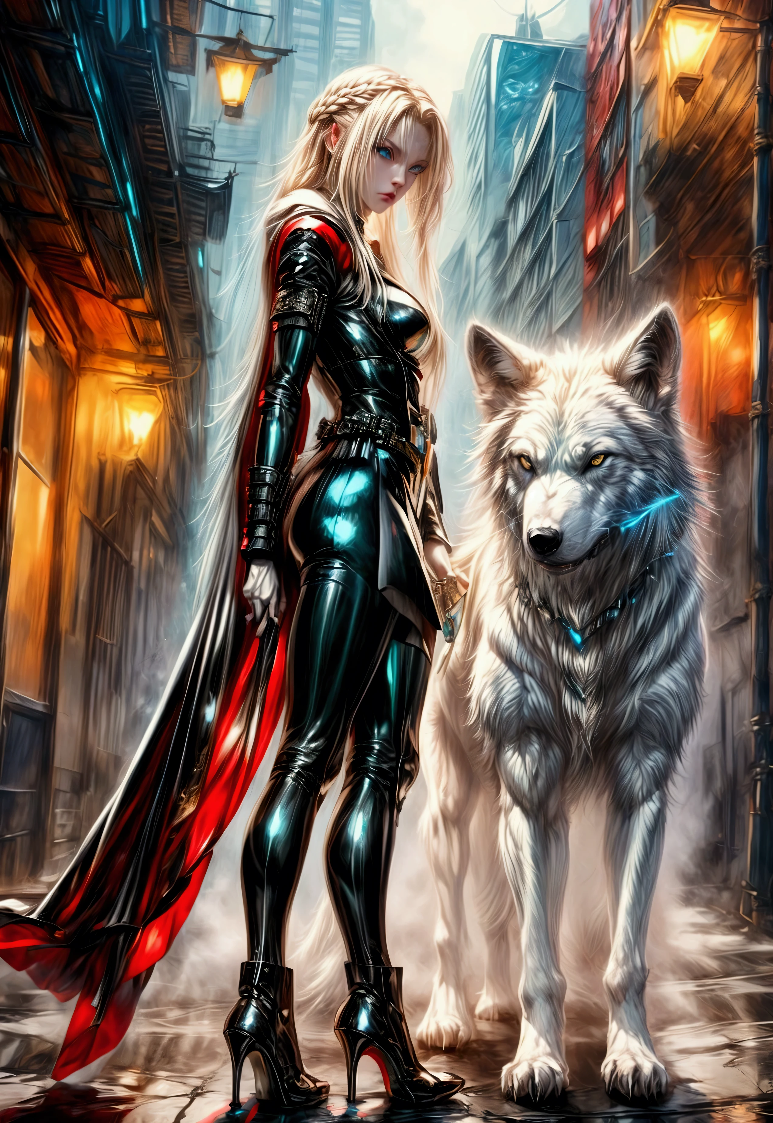 fantasy art, RPG art, ultra wide shot, RAW, photorealistic, a picture of female human ranger and her (white: 1.4) wolf pet, the ranger, an exquisite beautiful human woman, long blond hair, braided hair, green eyes, wearing leather dress, wearing (red cloak: 1.1), wearing high heeled boots, standing in a cyberpunk street at night, an epic ((white)) wolf stands near her, glowing blue eyes, protecting her, cyberpunk street background, best quality, 16k, [ultra detailed], masterpiece, best quality, (ultra detailed), full body, ultra wide shot, photorealism