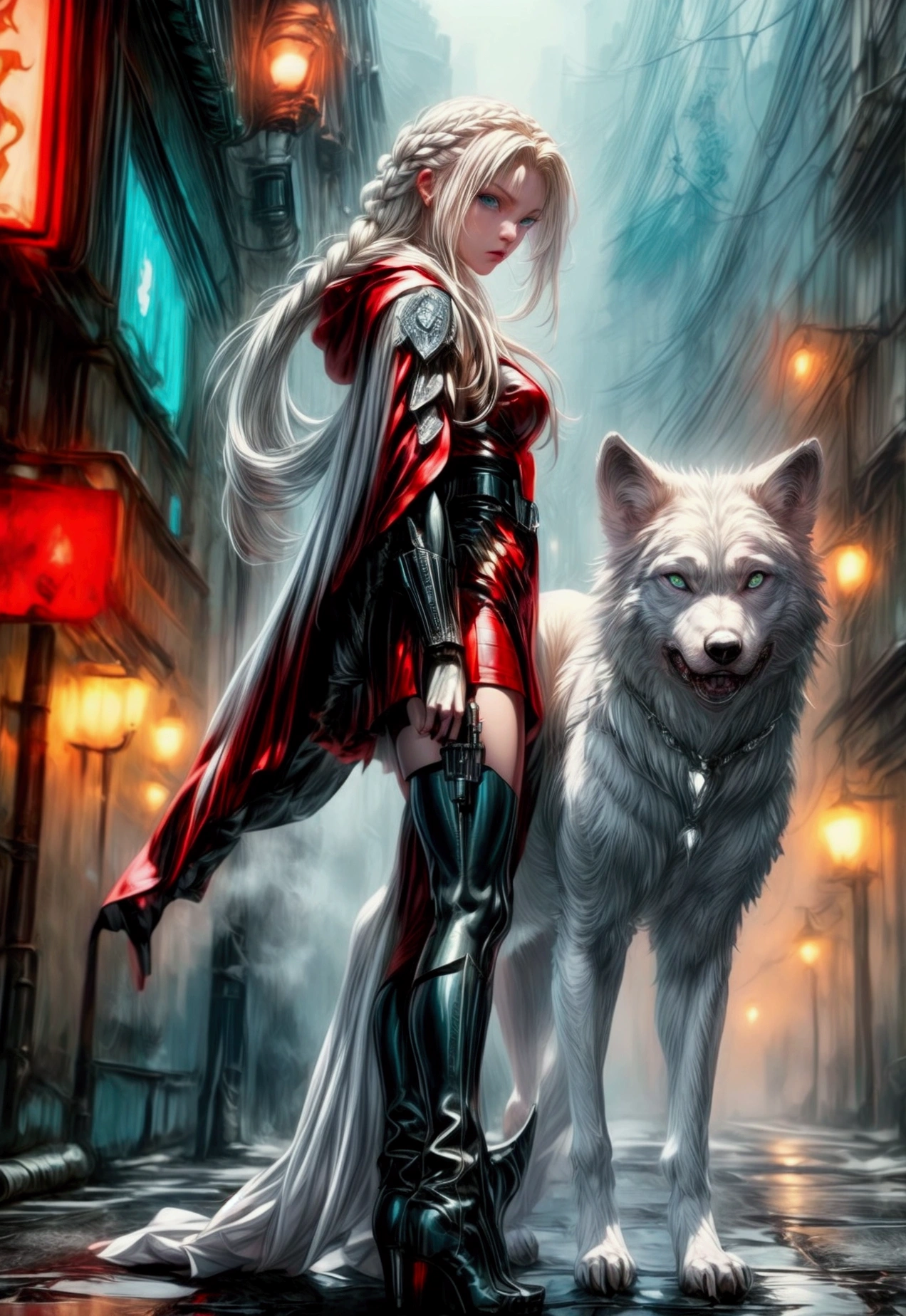 fantasy art, RPG art, ultra wide shot, RAW, photorealistic, a picture of female human ranger and her (white: 1.4) wolf pet, the ranger, an exquisite beautiful human woman, long blond hair, braided hair, green eyes, wearing leather dress, wearing (red cloak: 1.1), wearing high heeled boots, standing in a cyberpunk street at night, an epic ((white)) wolf stands near her, glowing blue eyes, protecting her, cyberpunk street background, best quality, 16k, [ultra detailed], masterpiece, best quality, (ultra detailed), full body, ultra wide shot, photorealism