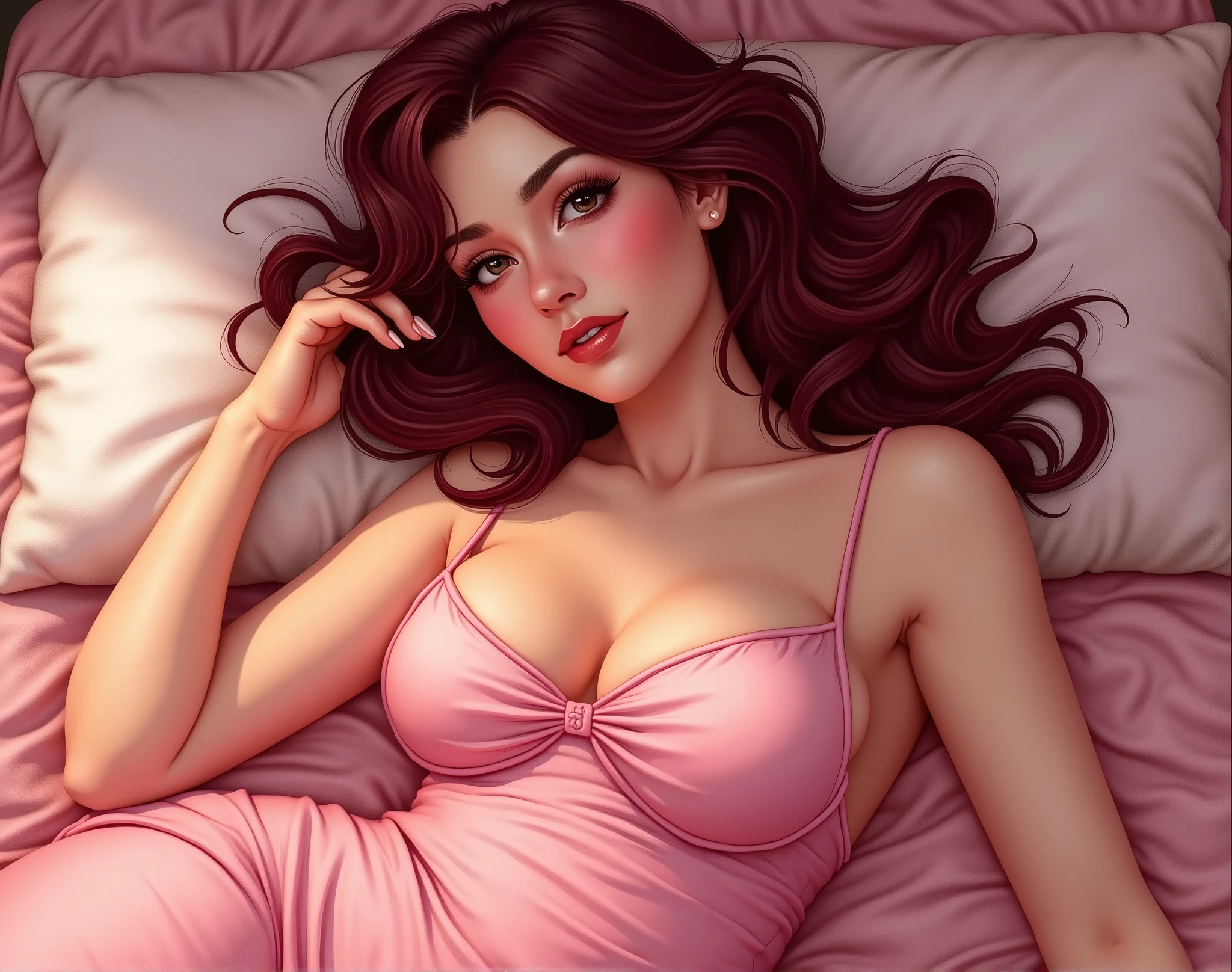 nsfw, big boobs, in bedroom, pink , long hair, brown hair, pretty, blue eyes, realistic