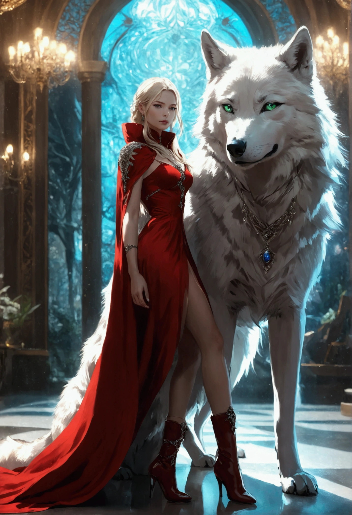 fantasy art, RPG art, ultra wide shot, RAW, photorealistic, a picture of woman and her (white: 1.4) wolf pet, the woman,  an exquisite beautiful human woman, long blond hair, braided hair, green eyes, wearing elegant silk dress, intricate dress,  wearing (red cloak: 1.1), wearing high heeled boots, standing in a fantasy ballroom, an epic ((white)) wolf stands near her, glowing blue eyes, protecting her, fantasy ballroom at night background, best quality, 16k, [ultra detailed], masterpiece, best quality, (ultra detailed), full body, ultra wide shot, photorealism