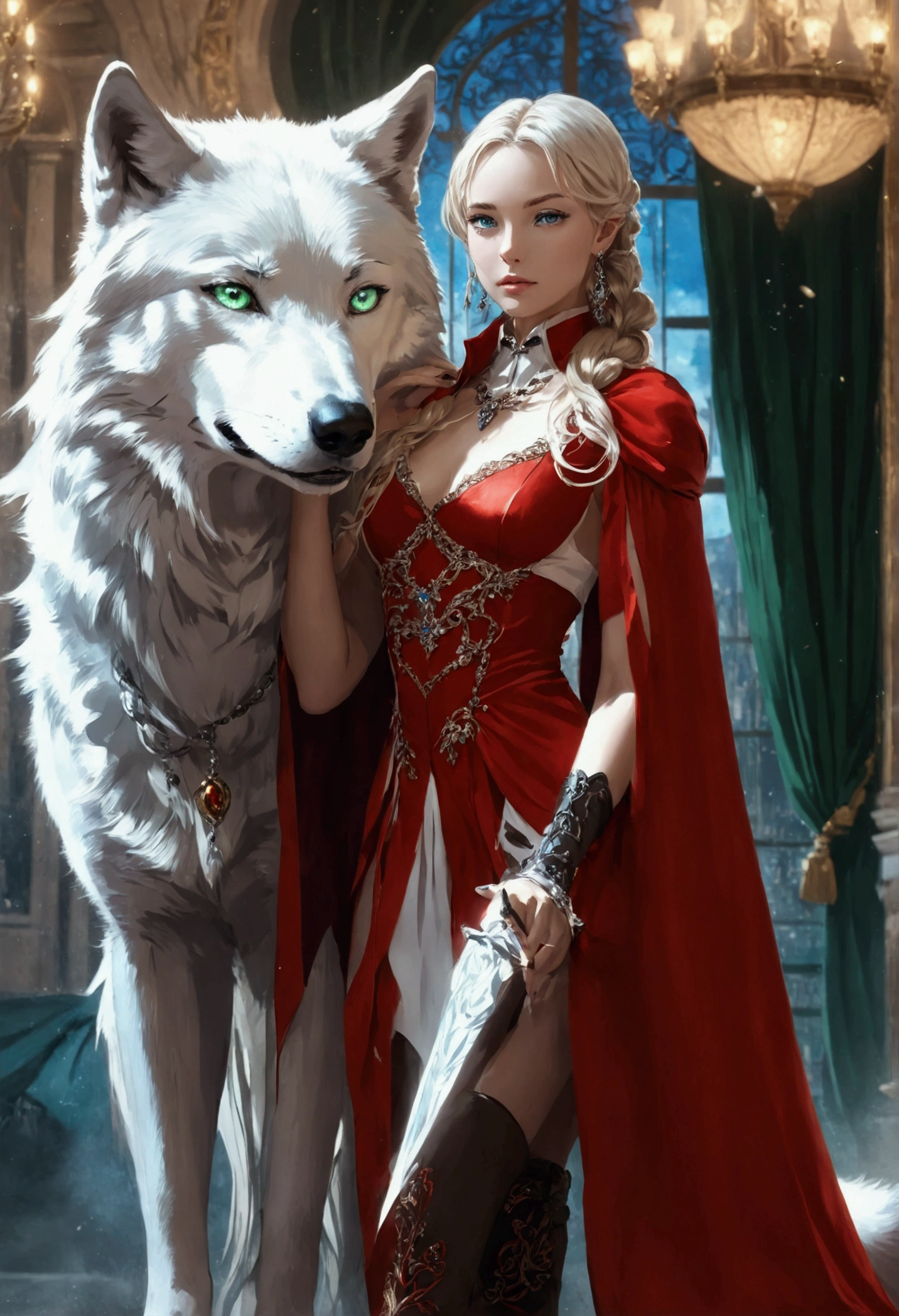 fantasy art, RPG art, ultra wide shot, RAW, photorealistic, a picture of woman and her (white: 1.4) wolf pet, the woman,  an exquisite beautiful human woman, long blond hair, braided hair, green eyes, wearing elegant silk dress, intricate dress,  wearing (red cloak: 1.1), wearing high heeled boots, standing in a fantasy ballroom, an epic ((white)) wolf stands near her, glowing blue eyes, protecting her, fantasy ballroom at night background, best quality, 16k, [ultra detailed], masterpiece, best quality, (ultra detailed), full body, ultra wide shot, photorealism