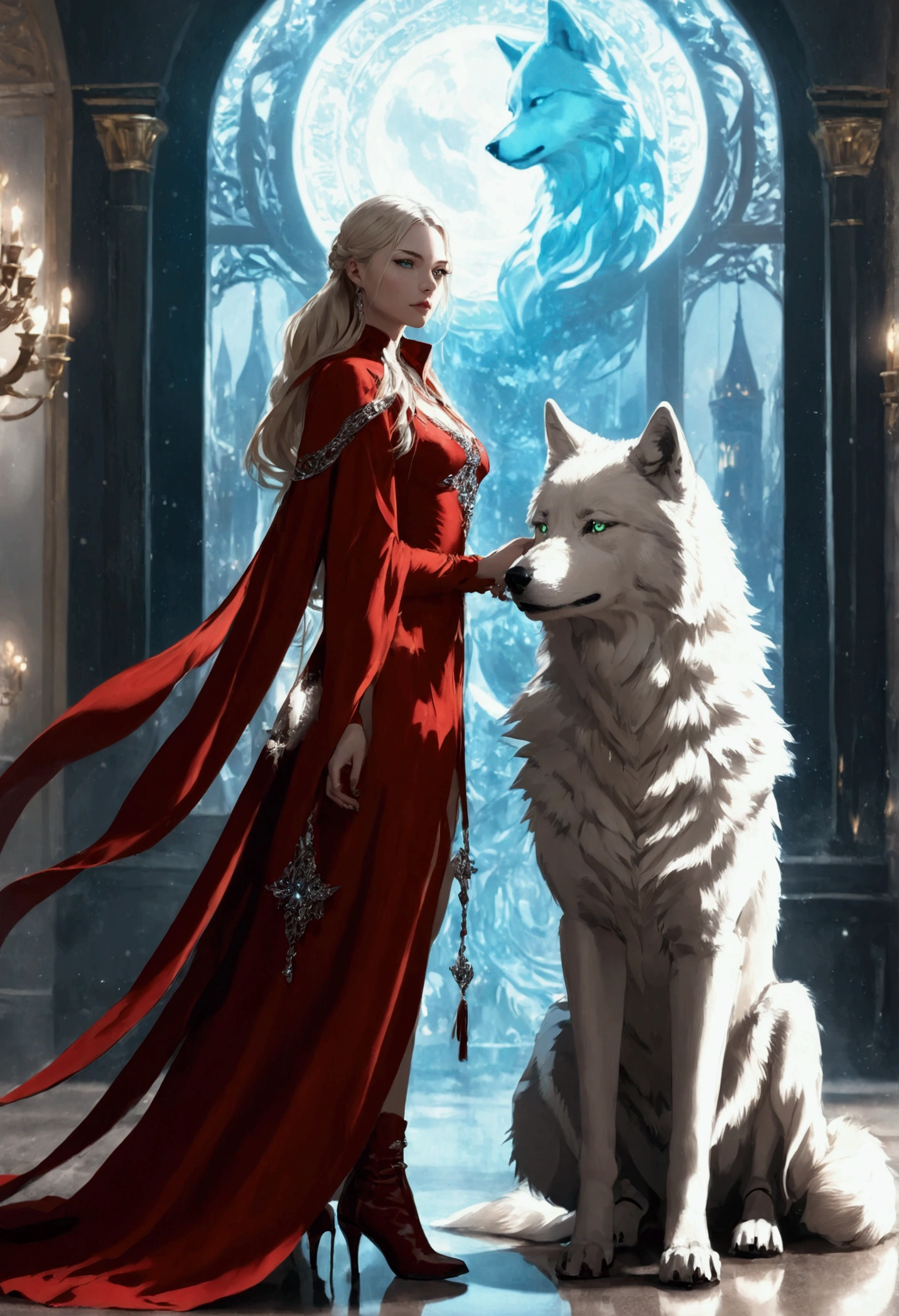 fantasy art, RPG art, ultra wide shot, RAW, photorealistic, a picture of woman and her (white: 1.4) wolf pet, the woman,  an exquisite beautiful human woman, long blond hair, braided hair, green eyes, wearing elegant silk dress, intricate dress,  wearing (red cloak: 1.1), wearing high heeled boots, standing in a fantasy ballroom, an epic ((white)) wolf stands near her, glowing blue eyes, protecting her, fantasy ballroom at night background, best quality, 16k, [ultra detailed], masterpiece, best quality, (ultra detailed), full body, ultra wide shot, photorealism