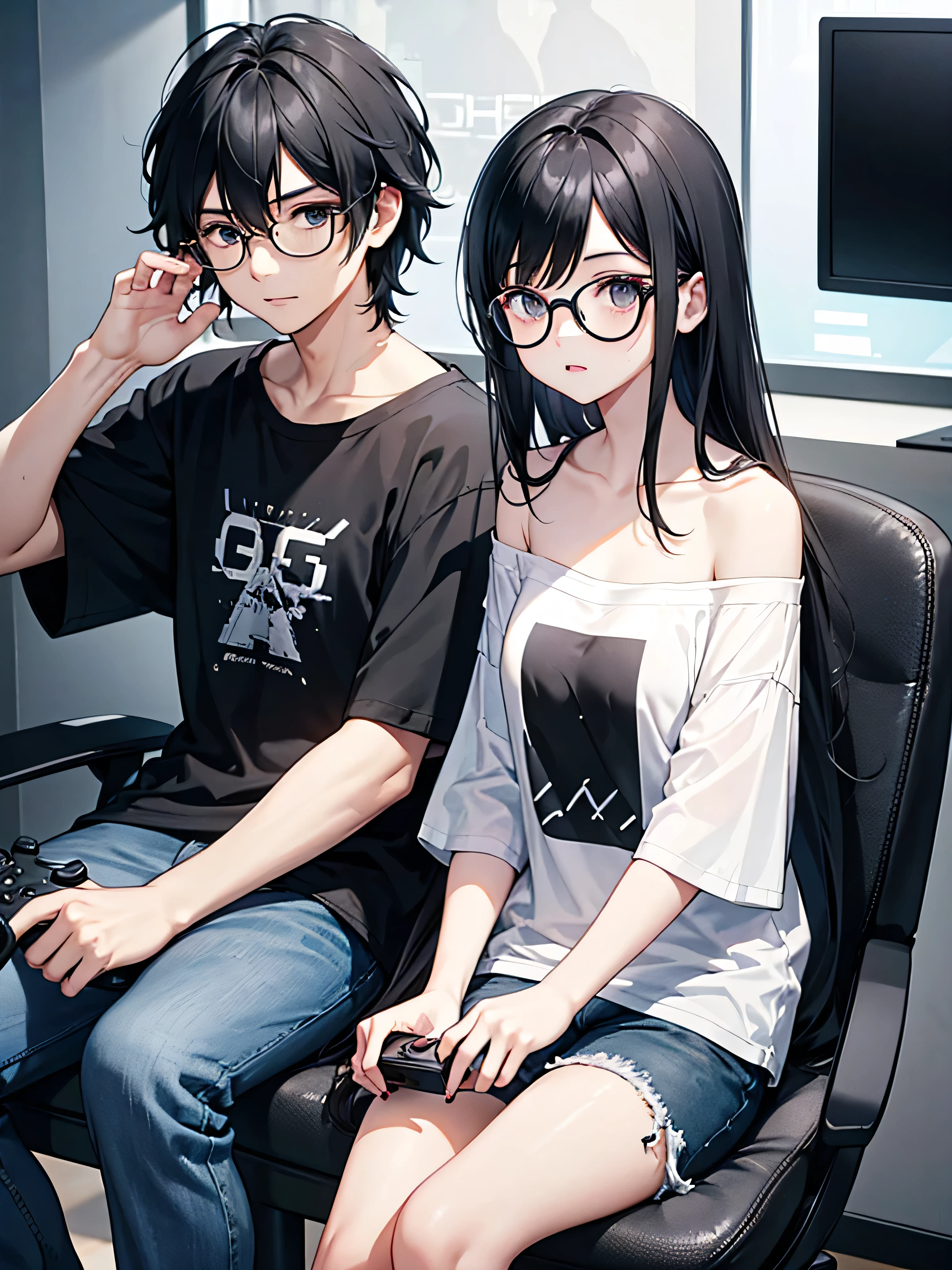 2people in the photo sitting across each other, 1boy with long black hair, has a video game controller, wearing black t-shirt and round glasses, and 1girl, has an off-shoulder t-shirt, jeans shorts, short black hair.