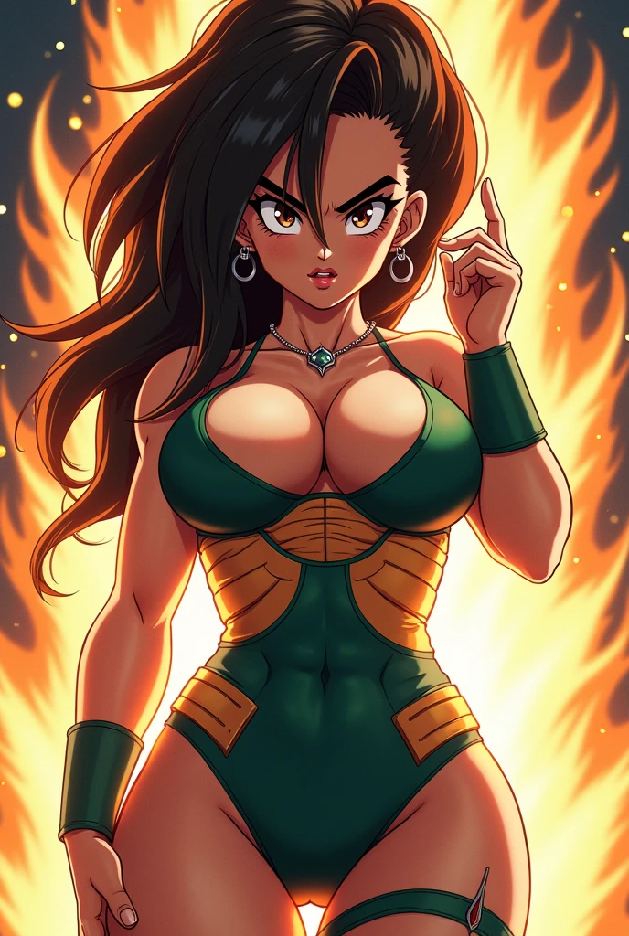 woman (milf) videl1, thick black eyebrows, large natural breasts, very long spiky golden hair with aura, bangs, (cute symmetrical face), front view, curvy, ((Super Saiyan)) From Dragon Ball, b4ttl3 (black saiyan armor), (orange bodysuit), midriff, cleavage, cowboy portrait, face centered, looking at viewer, pastel colors, night, moonlight, film grain, ((masterpiece)), (best quality), (detailed), (soft shadows + skin texture), comics style, detailed eyes, pretty eyes, (solo)