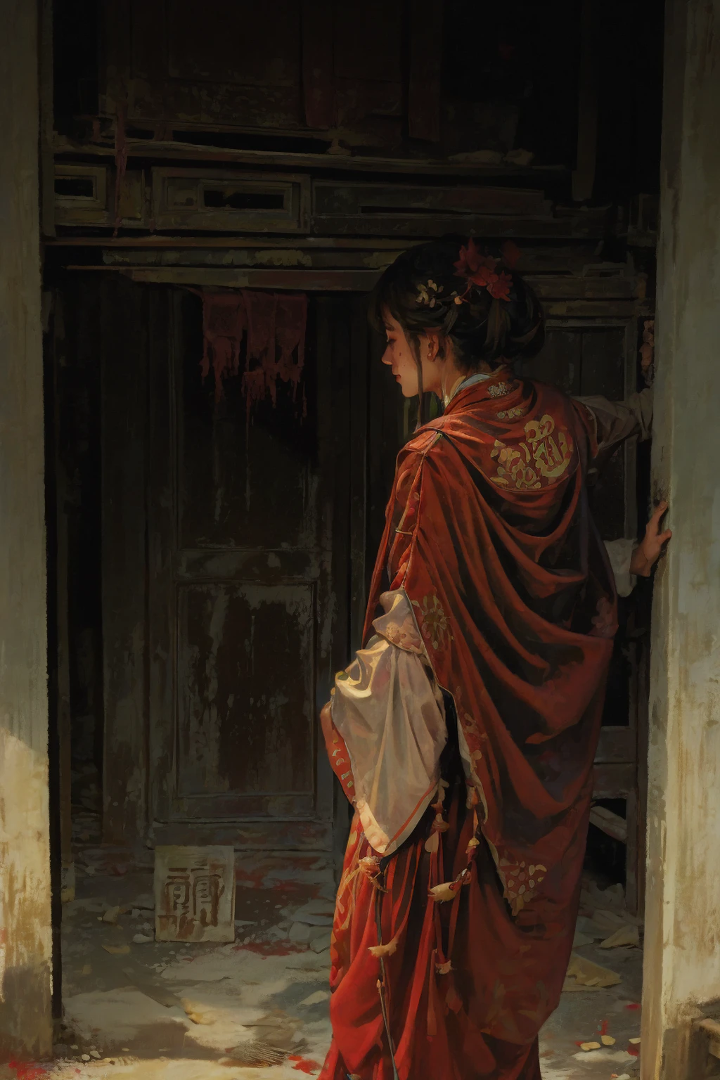 中式fear，Chinese ancient buildings，indoor，Rundown，Blood stains on the wall，gloomy，Weird，fear，cloudy day，dark clouds，woman，Back，Red clothes，Gray tone