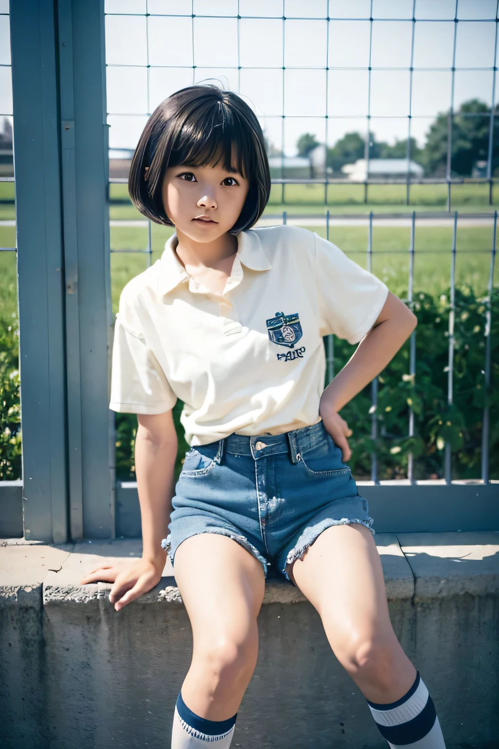 8k,masterpiece,Japanese,9-year-old girl,From the front and above,smile,cute,Innocent,Kind eyes,Childish,Plain T-shirt,Short sleeve,Short skirt with blue check,semi-long,Hair blowing in the wind,Black Hair,Somewhat strong wind,noon,bright
