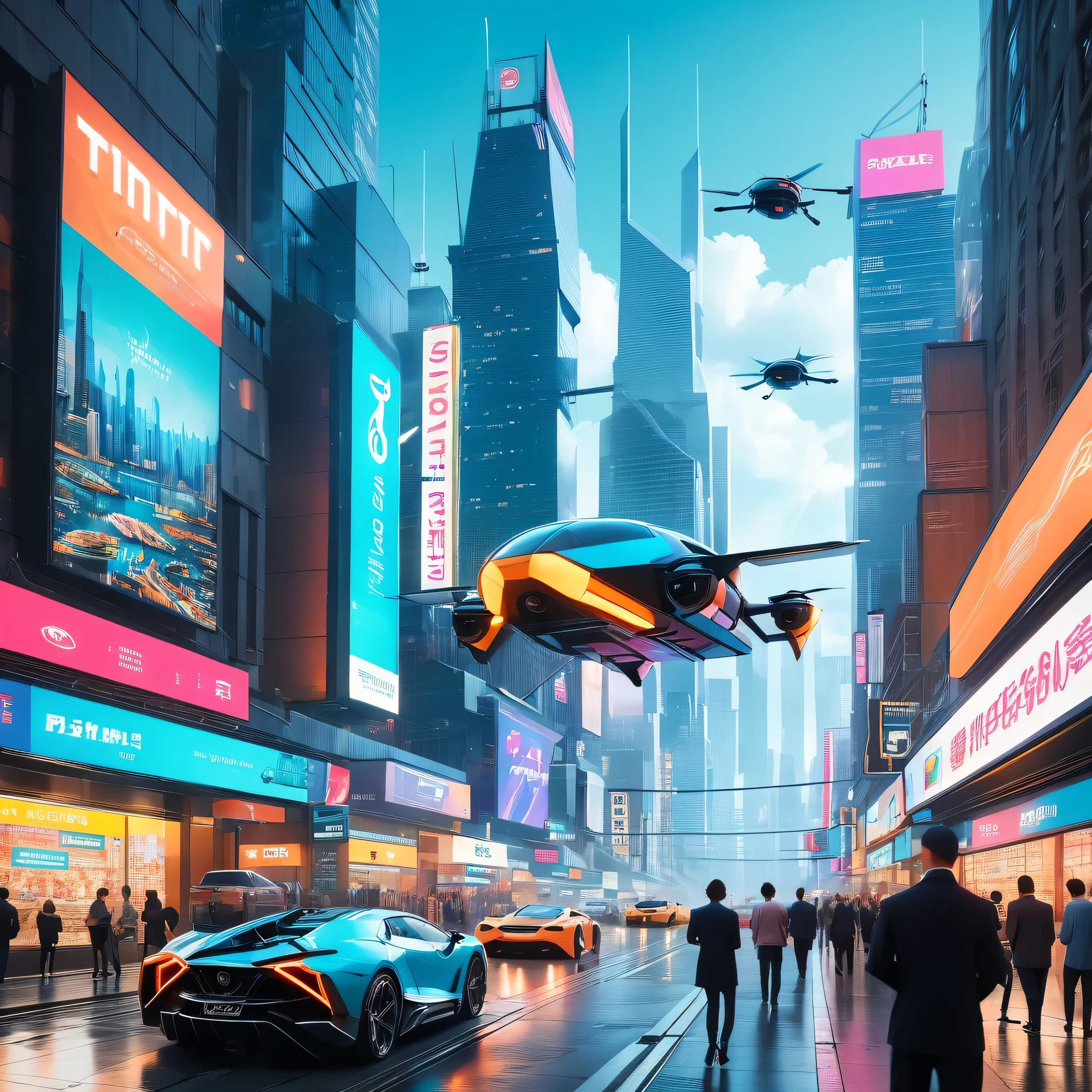 2050s - The Flying Car Concept
"Create a hyperrealistic image of a futuristic city 2050s, blending elements. wiev above a bustling, neon-lit cityscape, with glowing thrusters and wings extended. The city below features advanced architecture with floating platforms and holographic billboards. The scene is vibrant and imaginative, representing the pinnacle of automotive evolution."