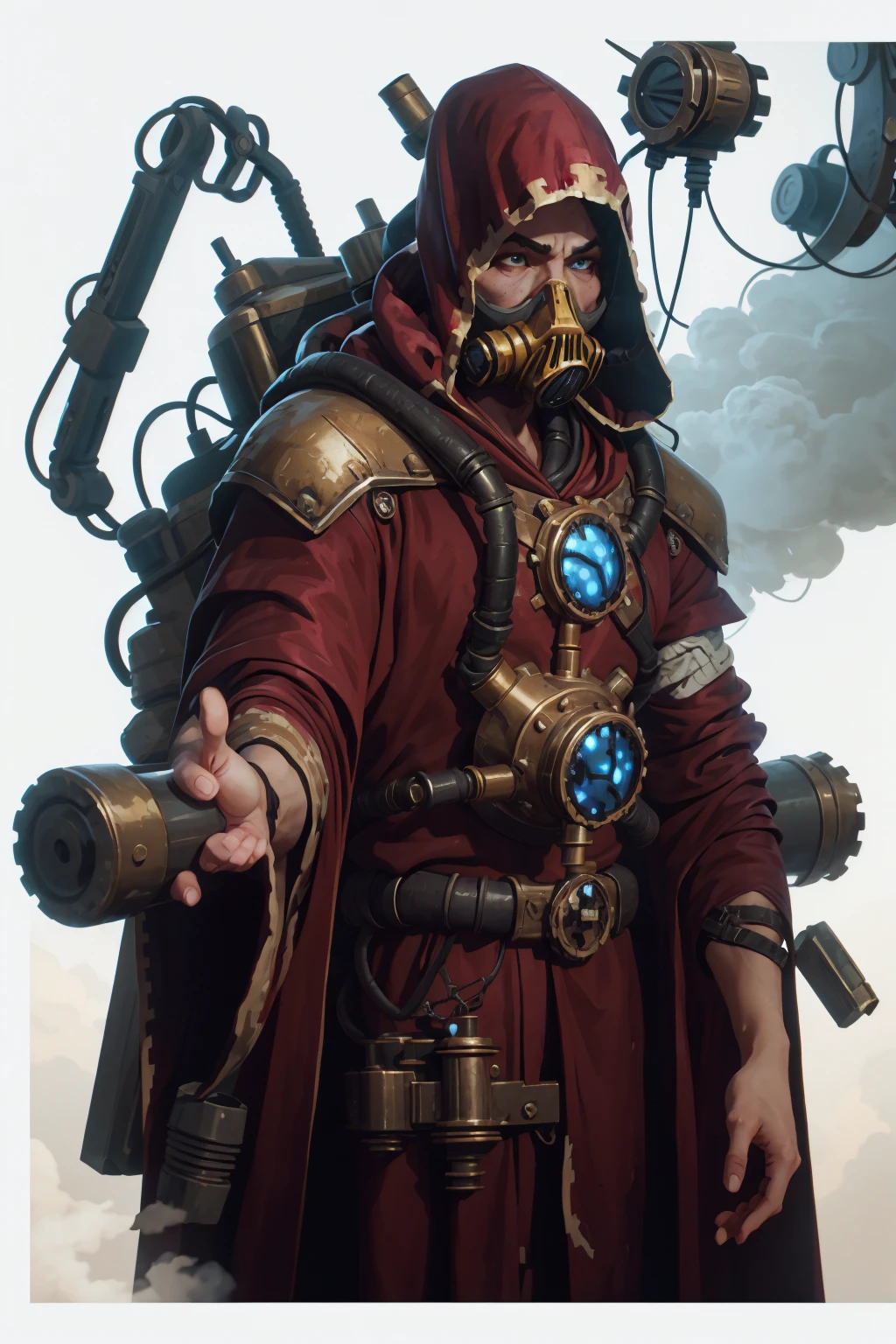 male techpriest in long red robe, gas mask, hood, backpack, mechanical arms, steampunk, hood, robe, techpriest, (upper body portrait), plain white background