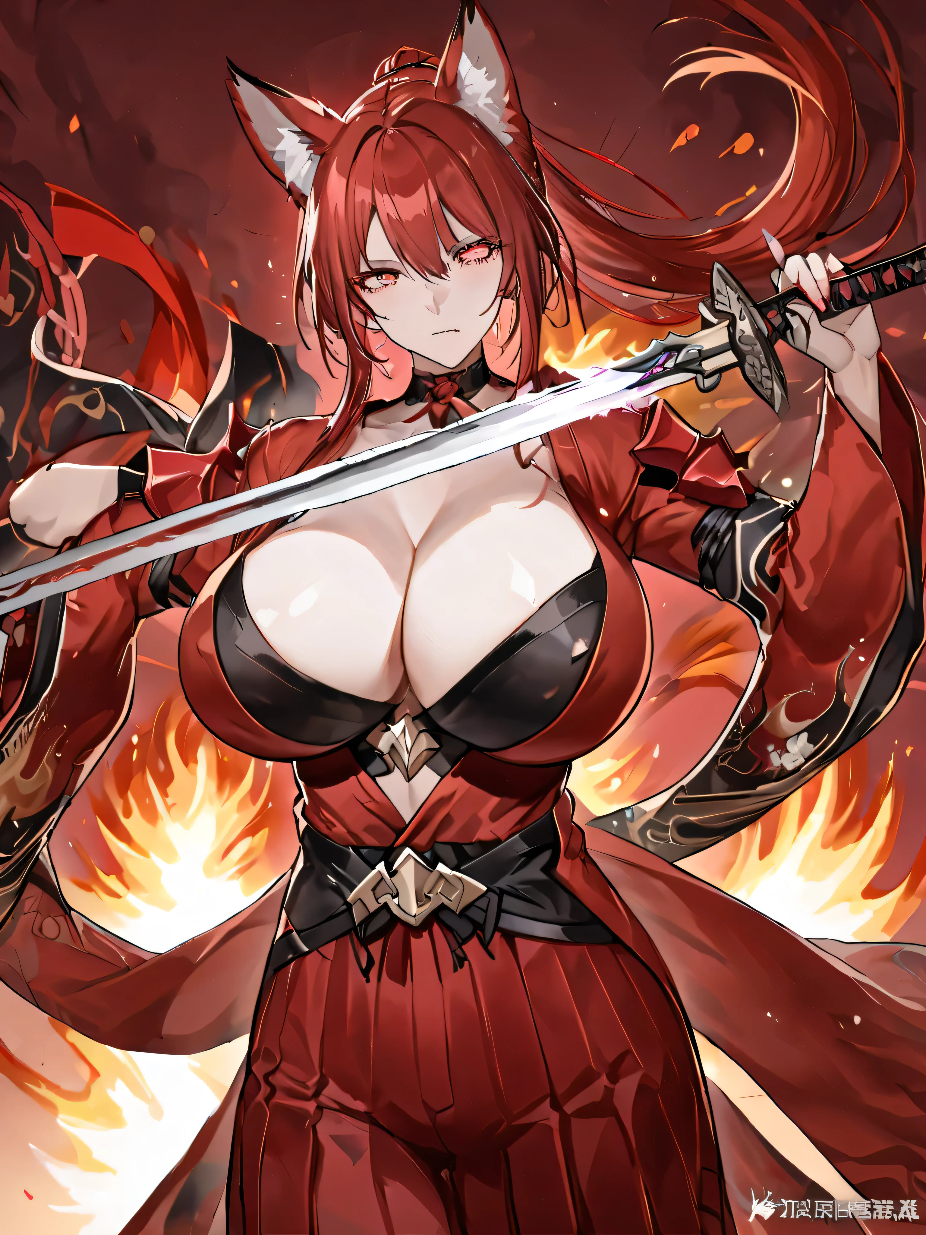  8K Best quality Masterpiece Close Red long ponytail Red fox ears Nine-tailed fox Very large breasts Red eyeshadow on lower eyelids Five fingers Alluring Japanese style Kimono Wearing a red jacket Long hakama Toned body Flame hell Japanese sword with a red blade burning red Fighting Burning background Drawing the sword Samurai Fighting with a Japanese sword One-sword style Flame hell Wrapped in lightning Wrapped in flames Alluring Little exposure Kimono Long skirt Upper cut Nine-tailed fox Older sister Explosive flames Crimson flames Japanese style background Intense fighting Bankai Special move